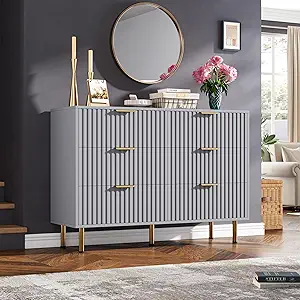 6 Drawer Dresser for Bedroom, Fluted 47.2" Wide Modern Chest of Drawers with Deep Drawers, Long Large Double Dresser TV Stand, Wooden Dresser Organizer for Living Room, Hallway, Kids Room, Grey