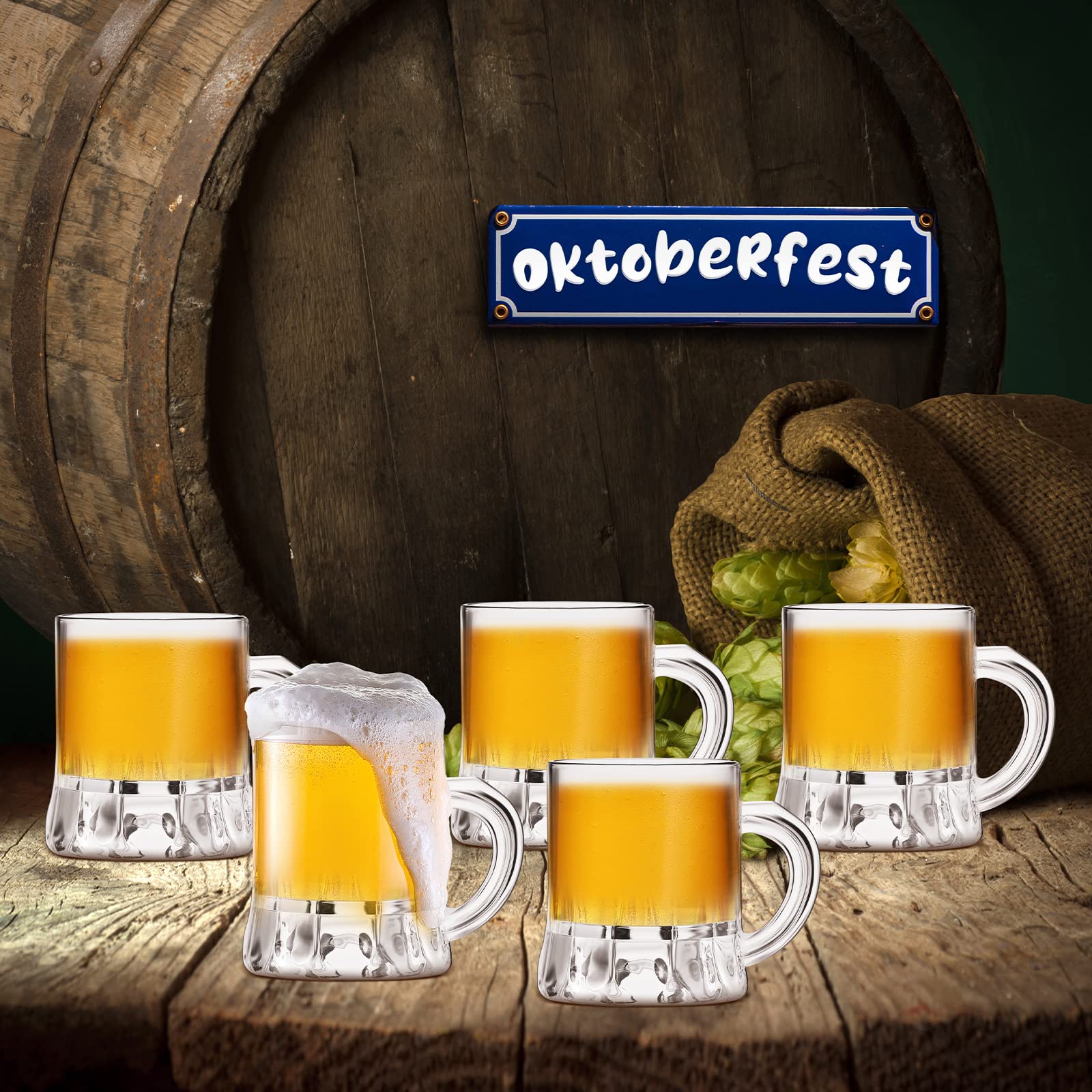 Meanplan Juego de 200 mini tazas de cerveza, vasos de chupito a granel, vasos de cerveza de 1 onza, pequeña jarra de cerveza transparente con asas, mini tazas de whisky de degustación para beber