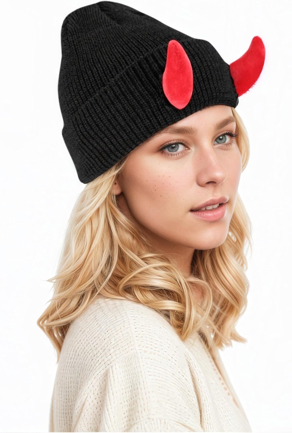 Womens Halloween Devil Horn Hat Skull Hat Warm Knitted Winter Beanie Cuffed Funny Alt Emo Scene Cap Y2k Accessories - Image 3
