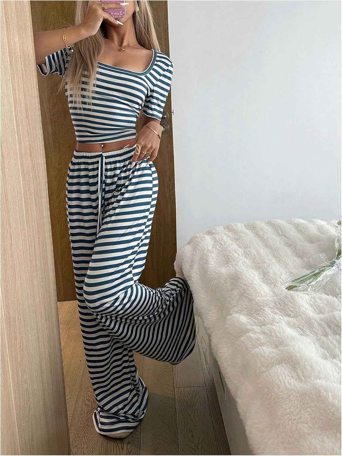 Milumia Women's 2 Piece Pajama Sets Striped Short Sleeve Square Neck Tees Pants Pj Sets - Image 2