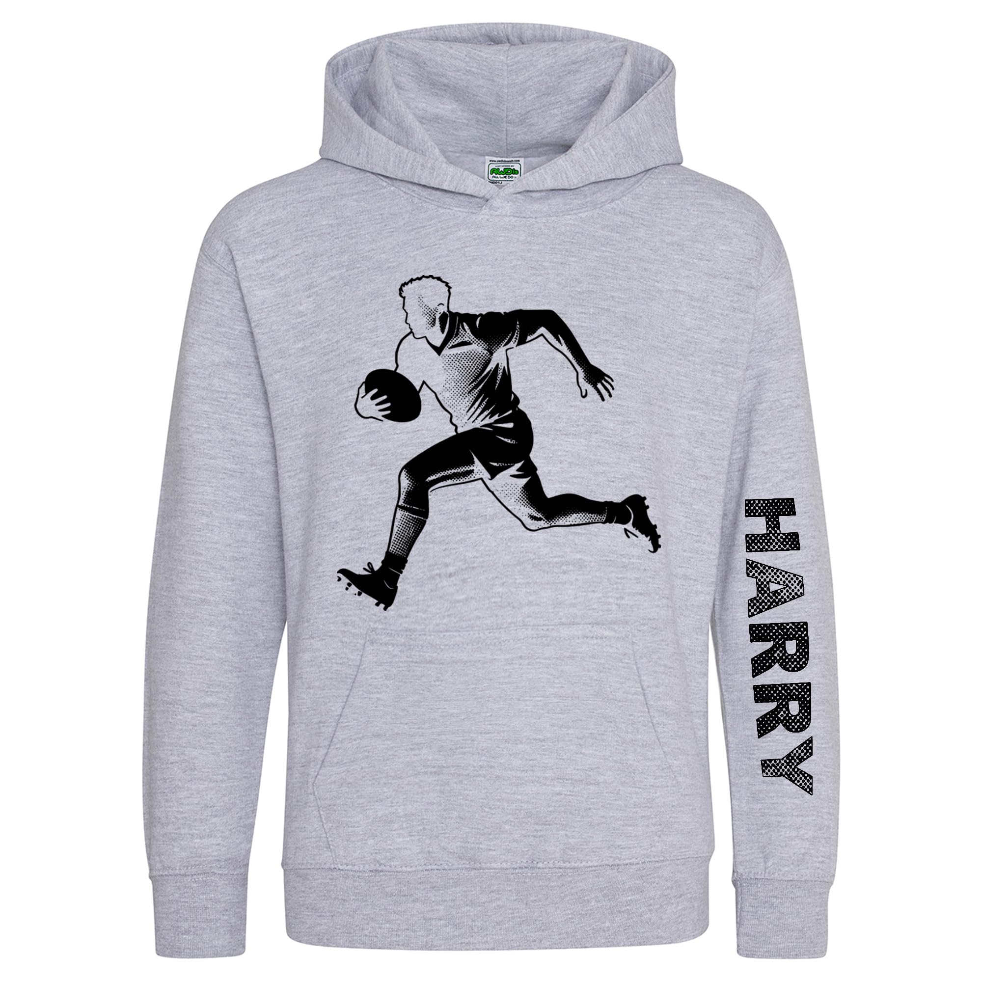 Personalised Rugby Fan Boys Hoodie - Rugga Player Dot Design Kids Hooded Top for Son or Nephew - Custom Name Sleeve Print - Young Rugger Fans Sports Lover Gift, 3-4 Years, Sport Grey