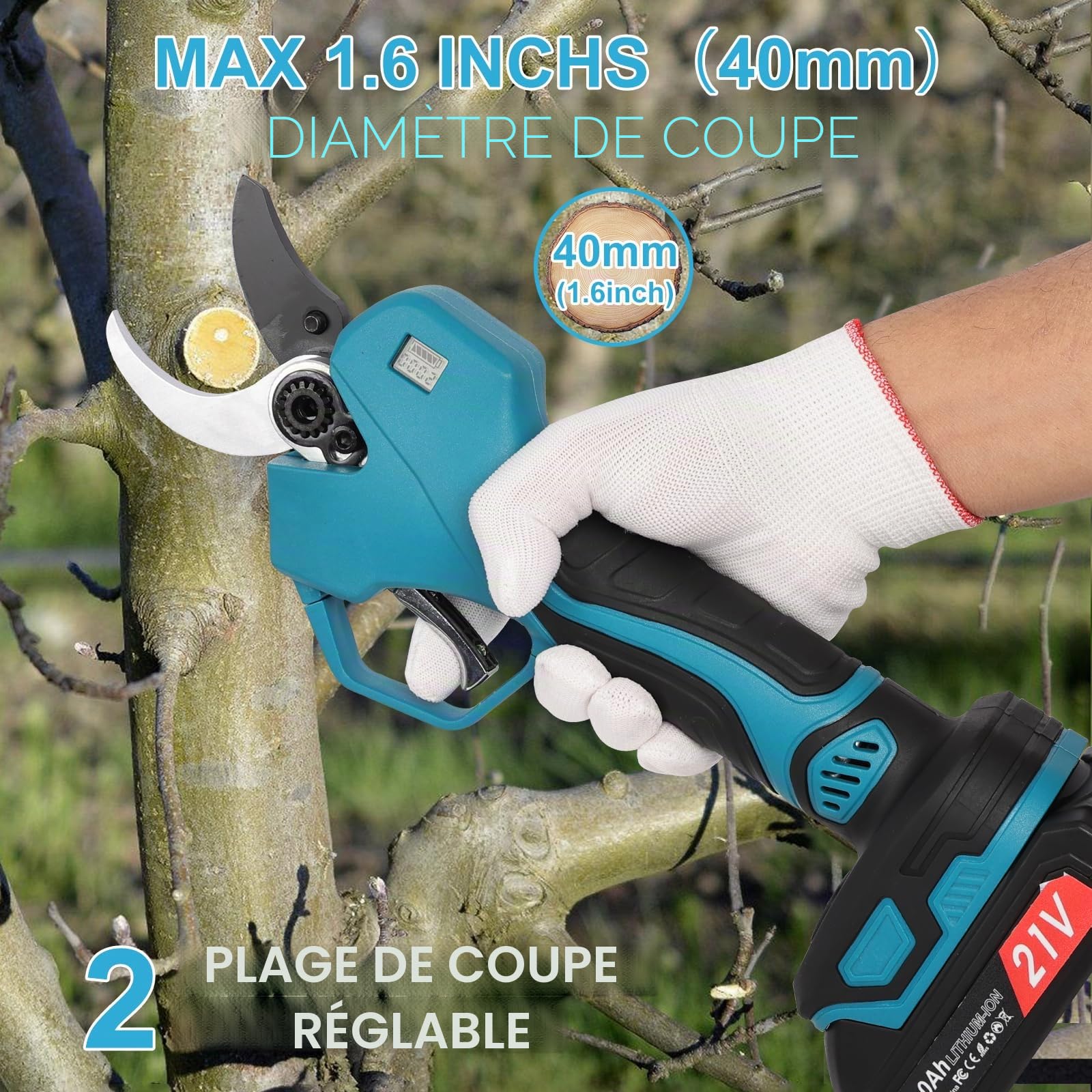 secateur electrique sans fil 50 mm : sécateur à batterie avec écran, 2 batteries de 2000 mAh, 2 lames SK5, 3 tailles d'ouverture (20/30/50 mm) pour vergers, jardins et fermes