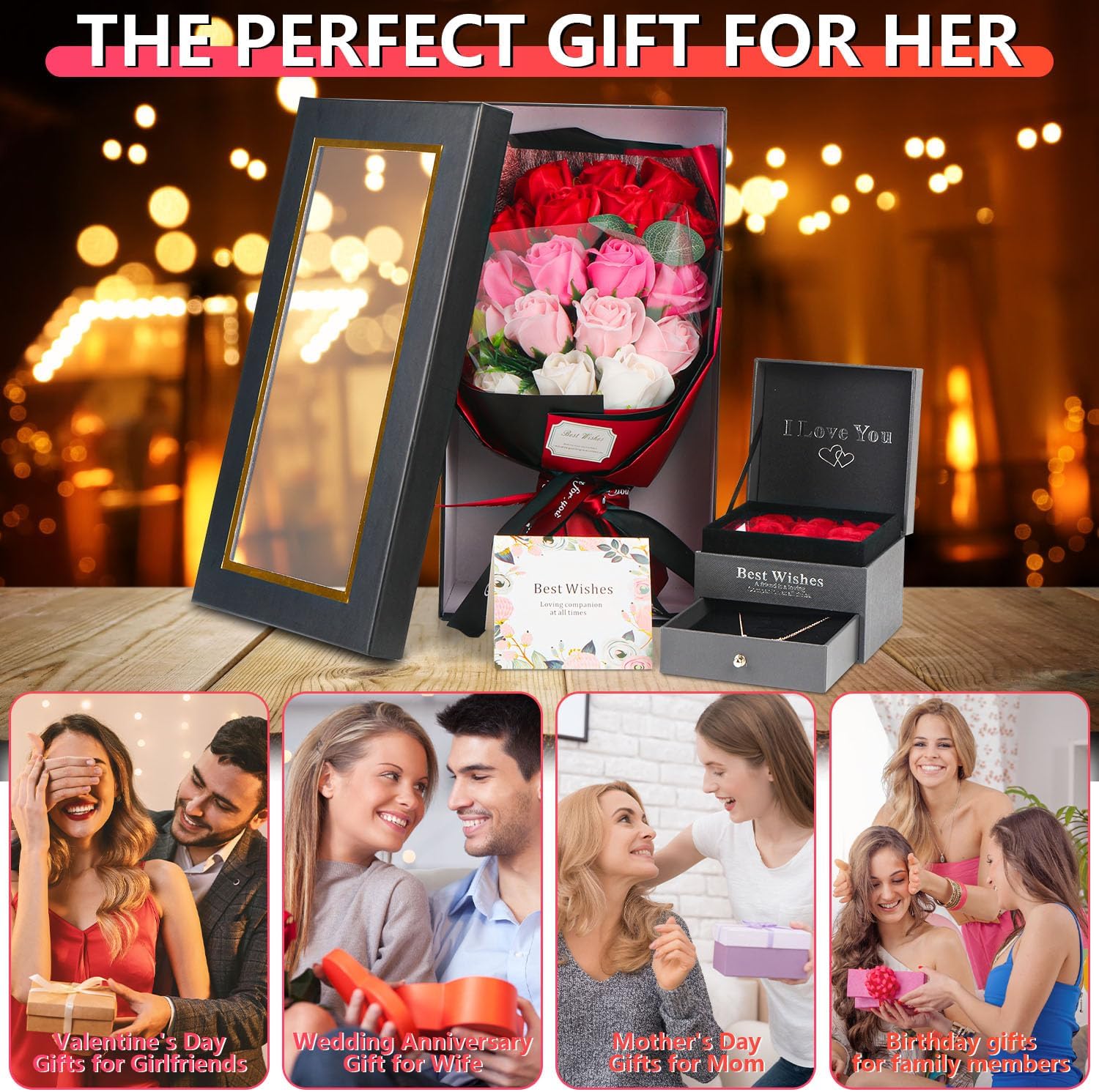 Rose Bouquet Rosas Eternas Preserved Rose Bouquet 18 Flower Bouquet with Beautiful Love Necklace, Unique Gift for Birthday, Valentine's Day, Mother's Day, Thanksgiving, Christmas, Anniversary - Image 3