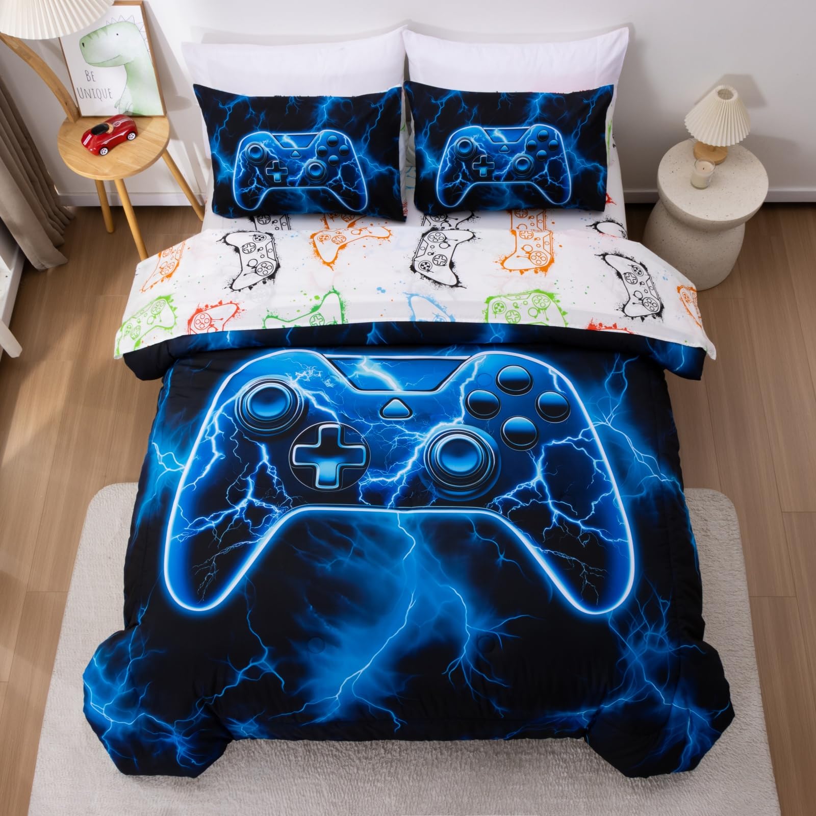 Meeting Story Gaming Bedding Set for Boys,5 Pieces 3D Game Controller Design Blue Gamer Comforter Set, Full Size Boys Bedding, Polyester Fiber, Soft &amp; Breathable, Suitable for All Seasons(Blue)