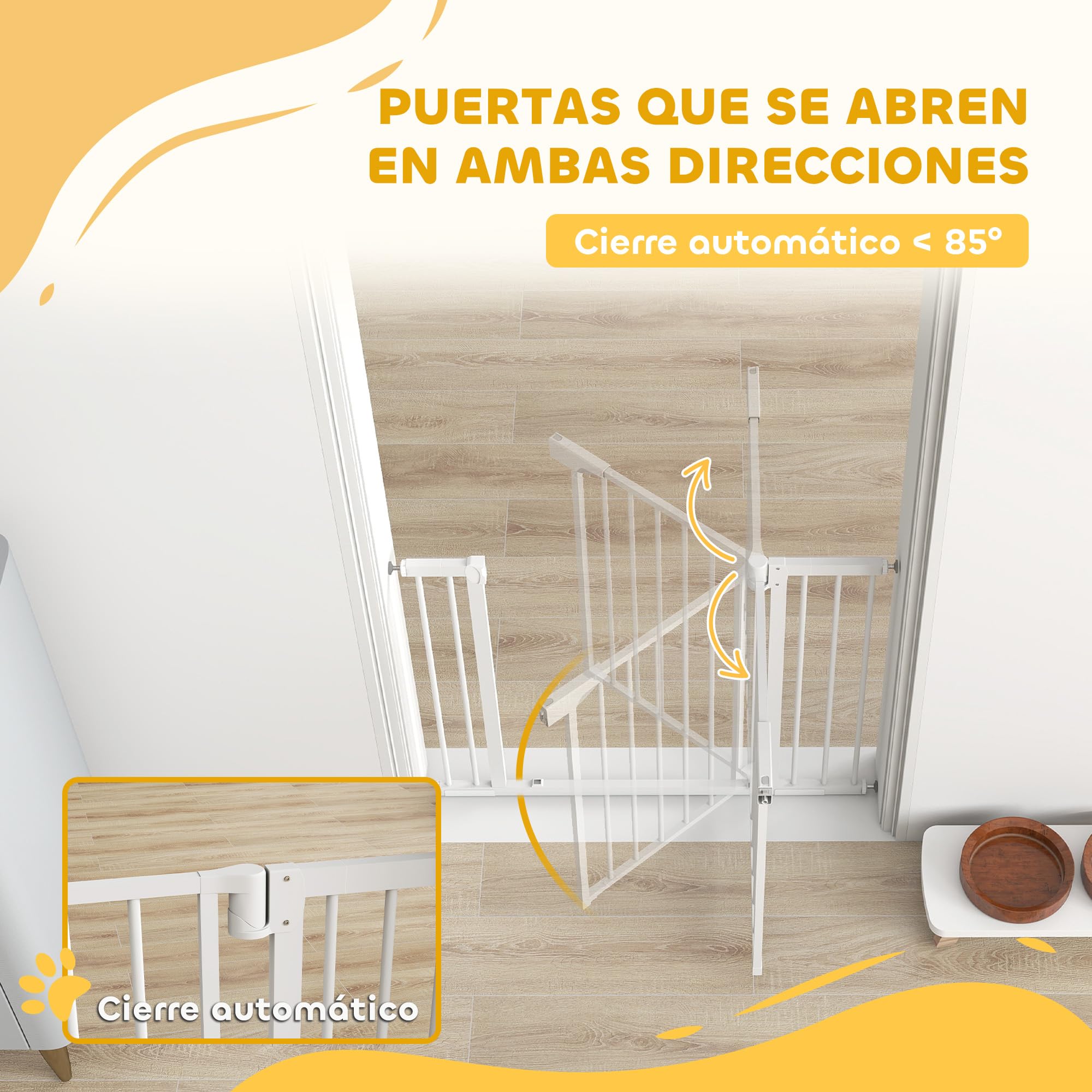 PawHut Barrera de Seguridad para Niños y Perros, Extensible 76-102 cm, Puerta para Perros para Puertas y Escaleras, Bloqueo Doble, Cierre Automático, Montaje a Presión, 2 Extensiones 7/14 cm, Blanco