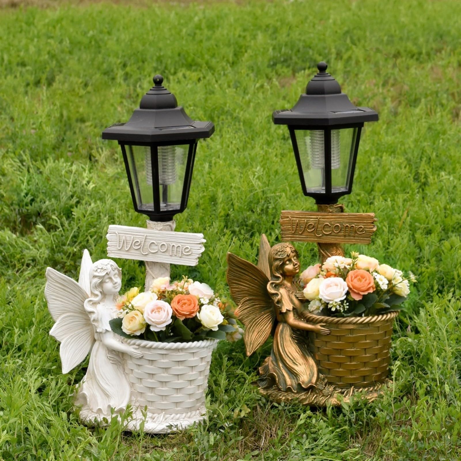 Maceta solar de resina de estilo europeo, estatua de jardín decorativa hecha a mano con luz nocturna LED, IP44 impermeable, decoración de paisaje al aire libre para patio, acabado de cobre (D)