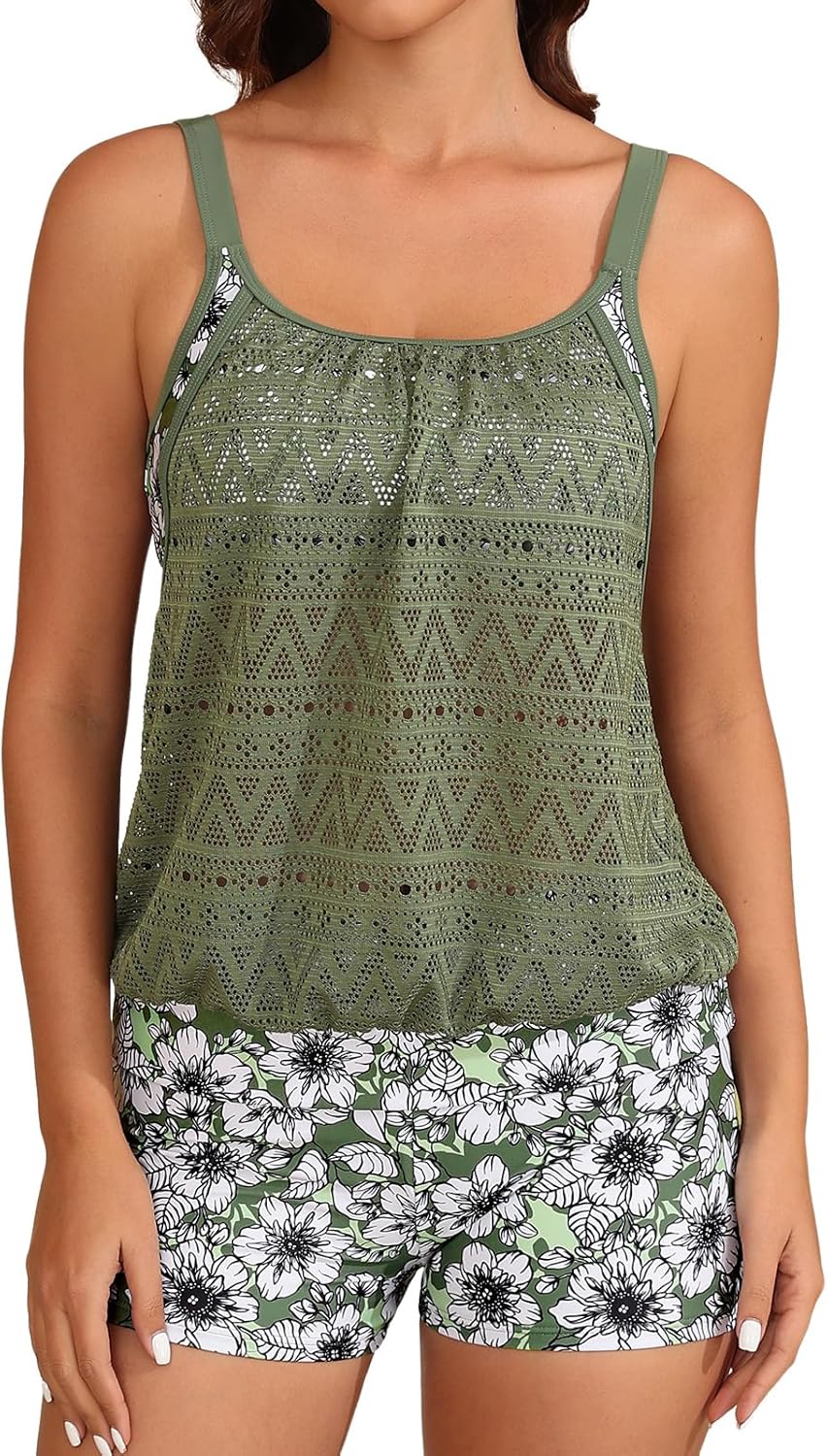UMIPUBO Women's Modest Two Piece Tankini Swimsuit Hollow Out Blouson Tankini Top with Floral Boyshort for Beach Pool Vacation