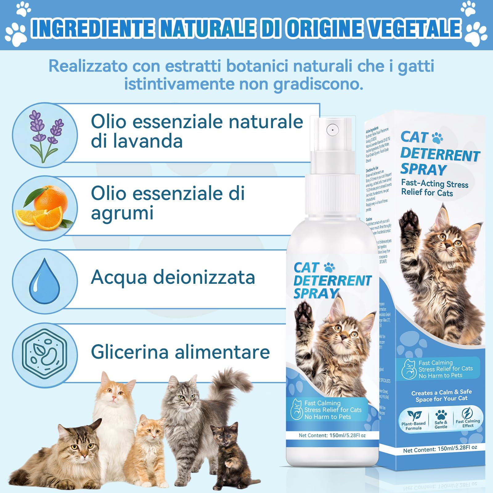 Spray Repellente per Gatti – Repellente per Gatti & Dissuasore per Gatti Naturale – Efficace Disabituante Gatti per Interni ed Esterni – Spray che Allontana Gatti e Protegge Mobili, Giardino e Divani