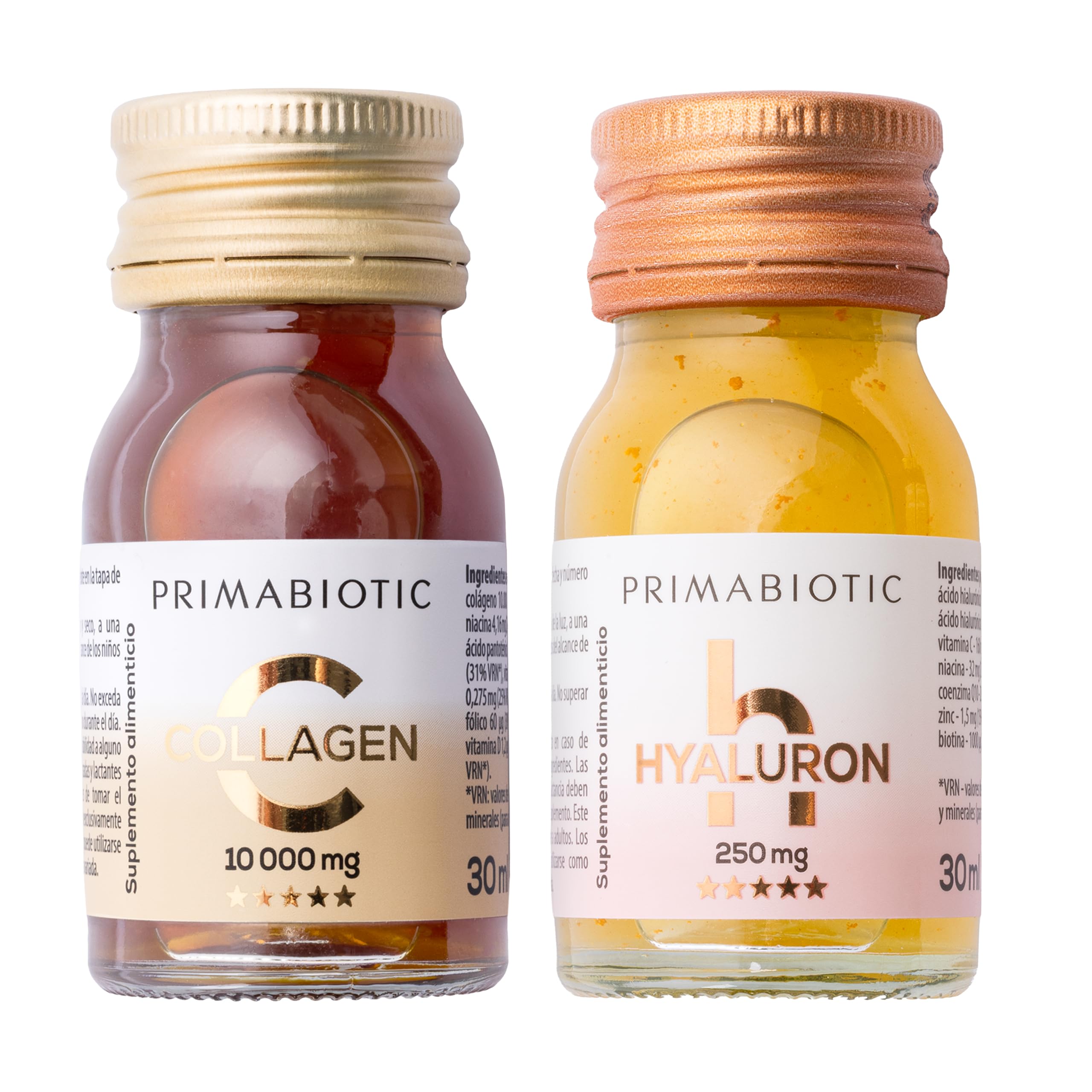 Colágeno + Ácido Hialurónico Bebible – Primabiotic Duo Pack | 60 botellitas de 30 ml | Colágeno 10000 mg + Ácido Hialurónico 250 mg | Complementos Líquidos para una Piel Hidratada y Radiante