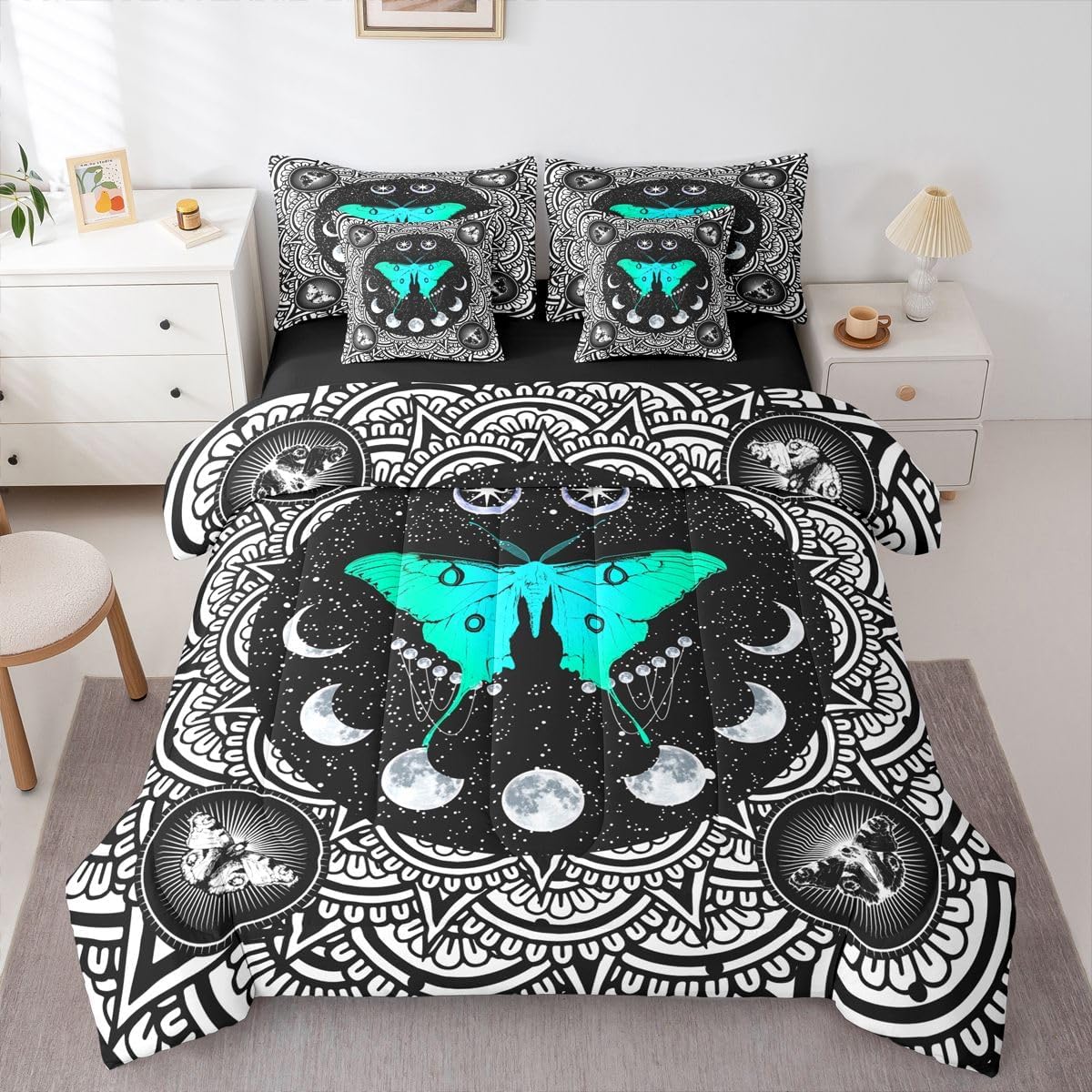 Erosebridal Moth Full Comforter Set 7 Piece Gothic Spooky Bedding Comforter Sets, Halloween Decor Bed in A Bag Bohemian Sun Moon Bedding Set, Boho Mandala Bed Sheets Set, Black White