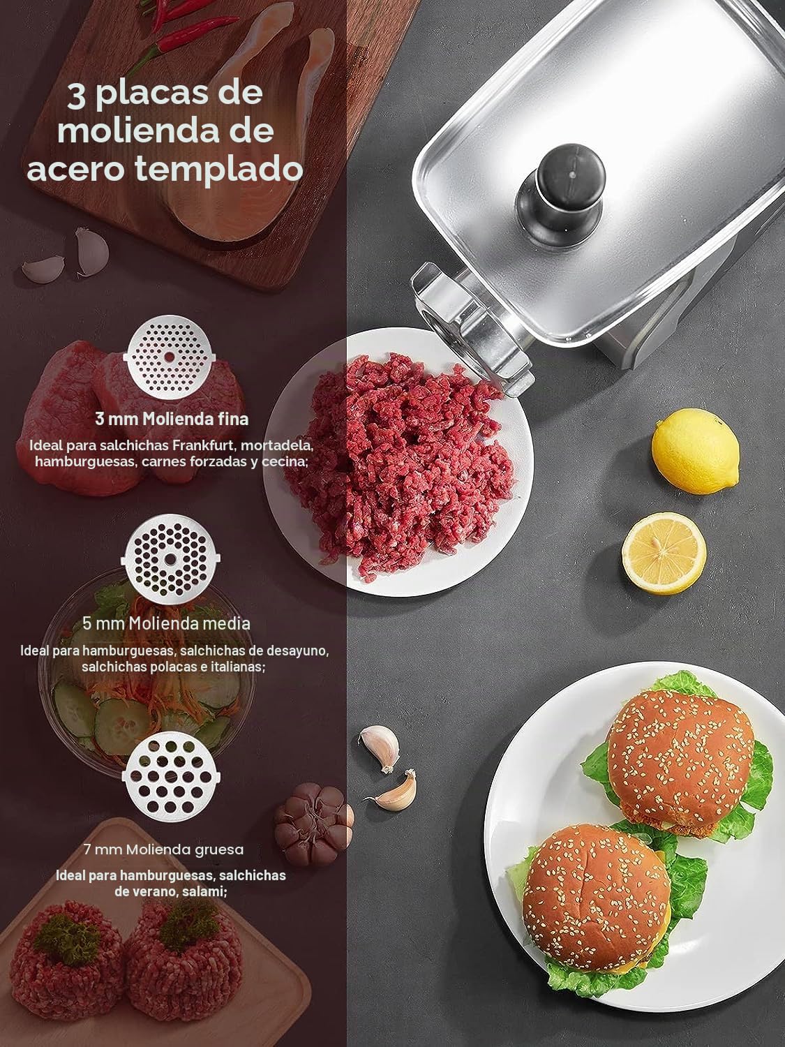 Zilan, Picadora de carne 9 en 1 | 2100W | 3 discos perforados | función reversible | accesorio para salchichas | accesorio para hornear | muchos accesorios | carne lobo | máquina eléctrica para