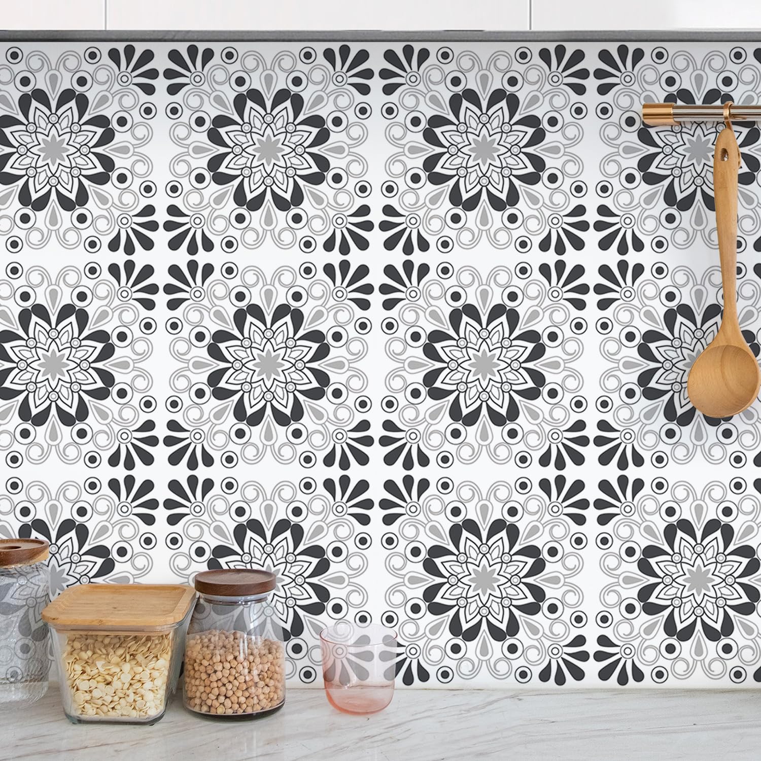 AM AMAONM 10pcs 20x20cm Removable Square Vintage Floral Pattern Tile Stickers 3D Decorative Peel and Stick Vinyl Self Adhesive Wall Tiles Decor Decals