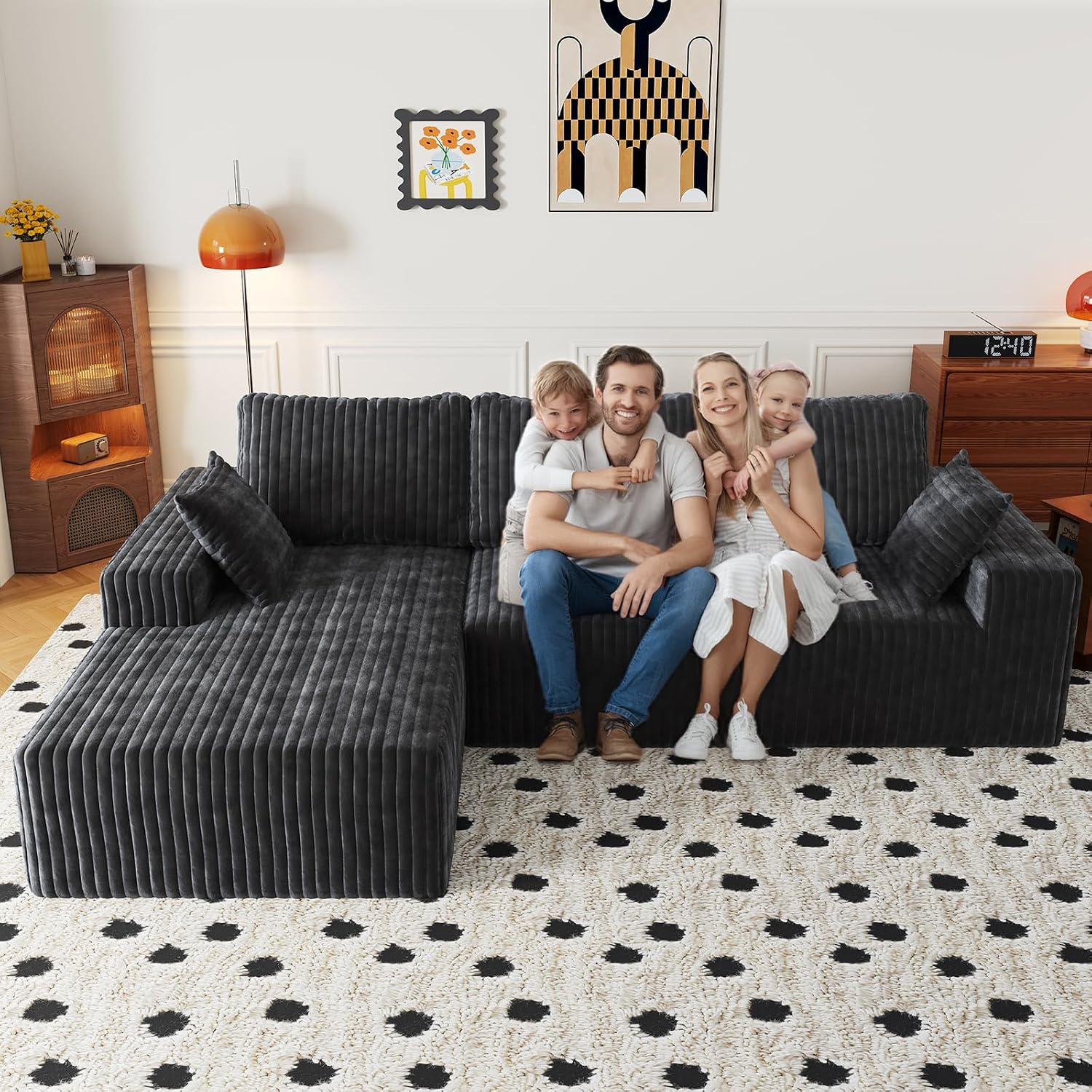 108″ Modular Sectional Cloud Couch for Living Room Deep Seat L Shapes Boneless Couch with Oversized Chaise Lounge, Comfy Memory Foam Flannel Fabric Sofa for Bedroom Apartment, No Assembly Required