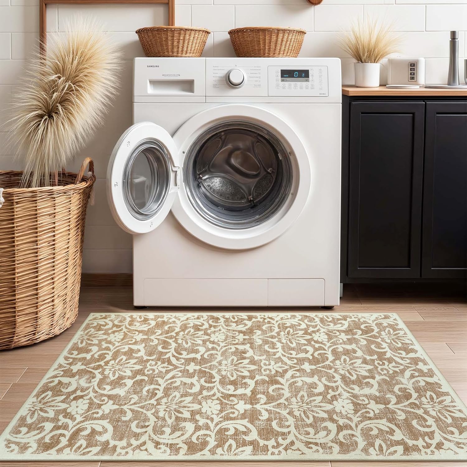 Morebes Floral 3x5 Washable Entryway Rug Indoor, Non Slip Bedroom Area Rug Ultra Soft Living Room Rug, Low Pile Indoor Carpet for Kitchen Laundry Nursery, Khaki