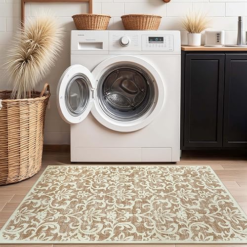 Miniatura 56 de Morebes Alfombra lavable de 2 x 5 pies, alfombra vintage floral gris para puerta de entrada, antideslizante, suave que no desprende pelusa