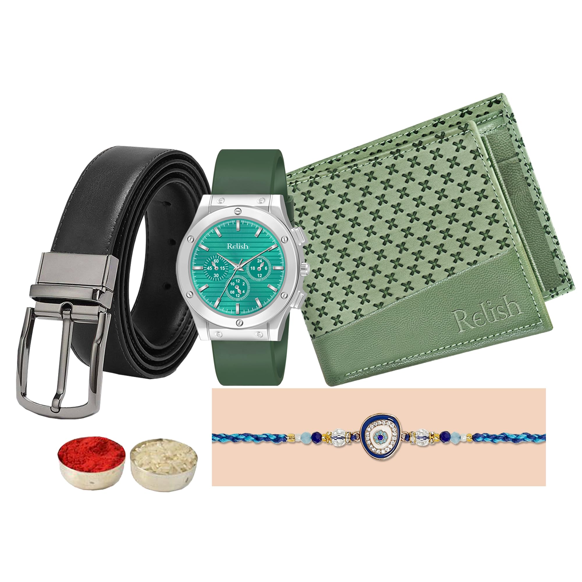 Relish Rakhi Gift Combo for Brother | Green Watch & Wallet, Rakhi, Belt, Roli Chawal, Greeting Card | Raksha Bandhan Gift Hamper for Brother (B0D544S766) Amazon Price History, Amazon Price Tracker