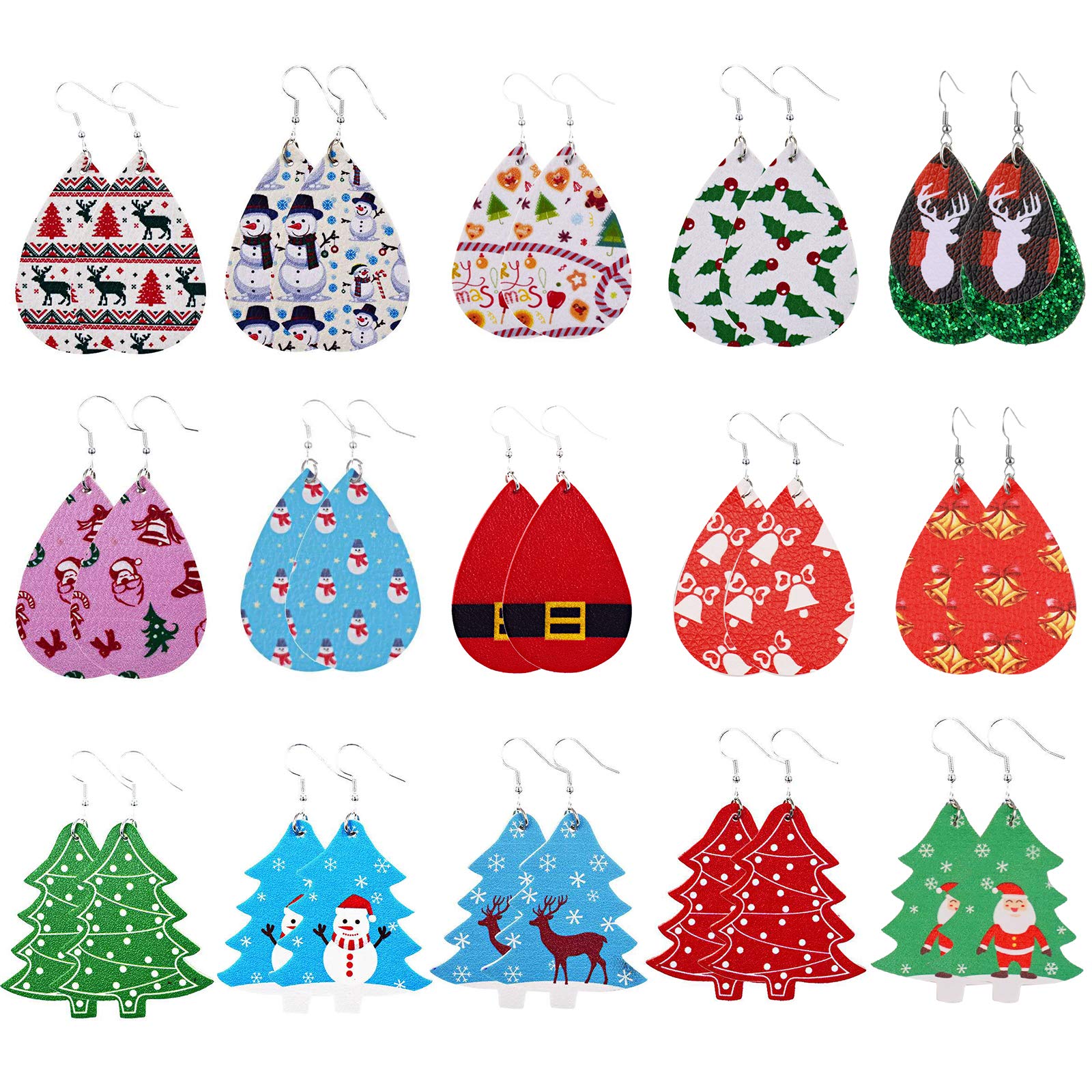 Ordenado15 Pairs Christmas Faux Leather Earrings for Women Girls Teens, Holiday Earring Set Teardrop Dangle Earrings Set Lightweight Tree Petal Drop Leaf Christmas Earrings Bulk 2020