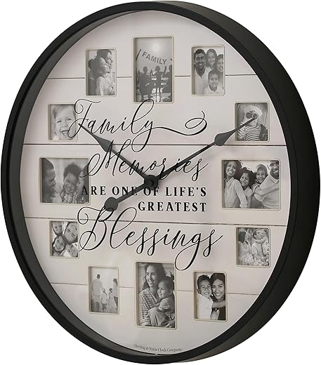 Sentiment Photo Frame Wall Clock, Farmhouse-Inspired, 20x1.85 Inch, Displays 12 Photos, Black Frame, Analog