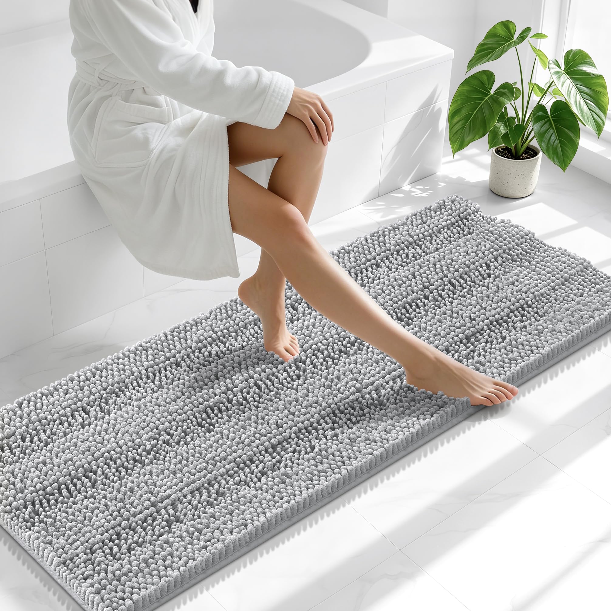 Smiry Thick Chenille Bathroom Runner Rugs 59x20, Soft Bath Mat, Light Grey