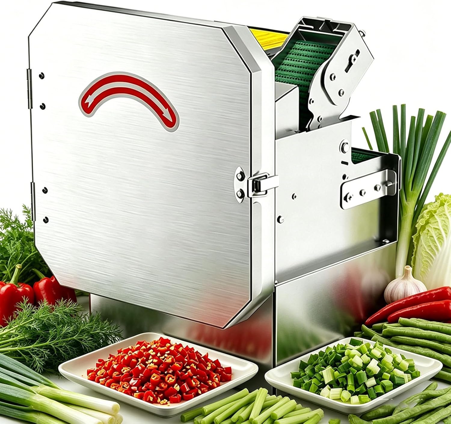 Commercial Electric Vegetable Cutter, Automatic Scallion Chopper,330lb/h with Conveyor Belt, 1.3-35mm Thickness Adjustable, Commercial Kitchen Herb Chopper