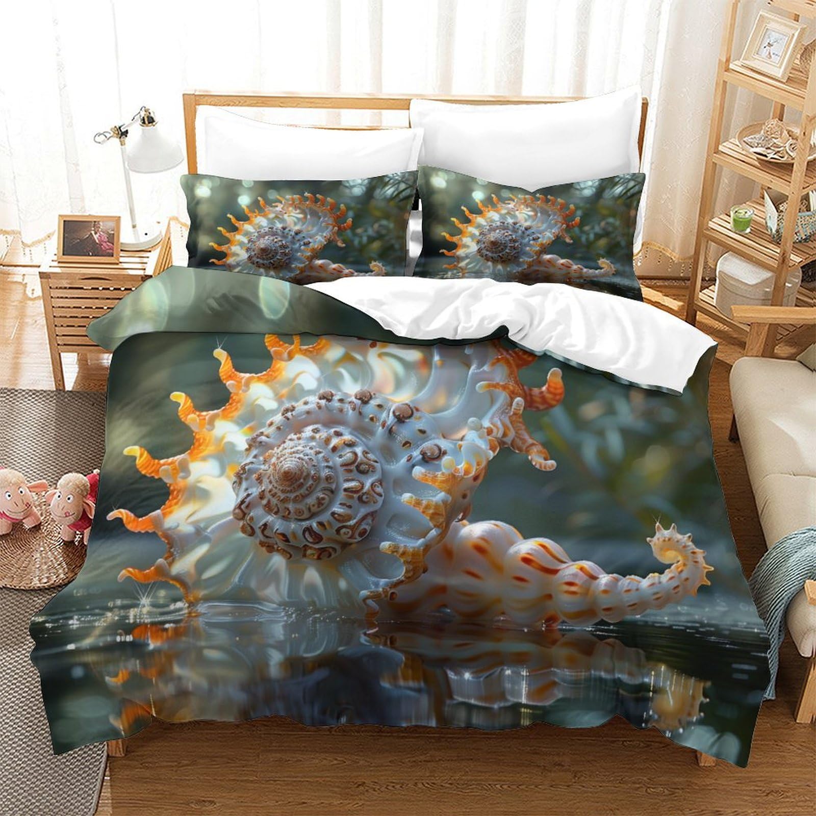 BARDYS Seashell 3D Printed Sea Animals Quilt Cover Duvet Cover for Boys Girls Comforter Covers with Zipper Closure with Pillow Cases Soft Microfiber Bedding Set 3 Pieces Super King（260x220cm）