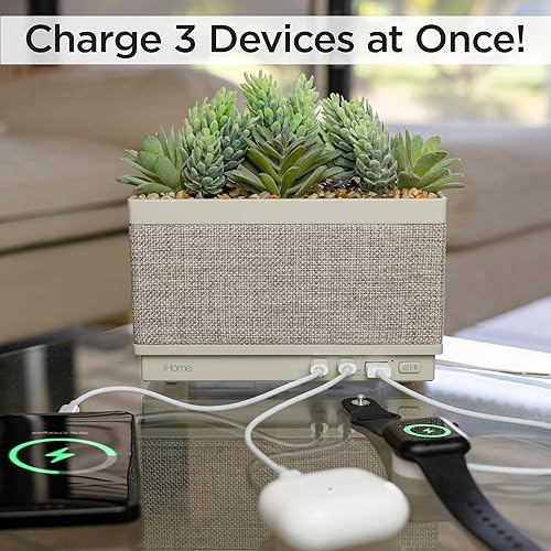 Vista 3 de iHome PowerPlant - Estación de carga con altavoz Bluetooth, suculenta sintética con estación de carga USB para iPhone, Android y más (iPP60)