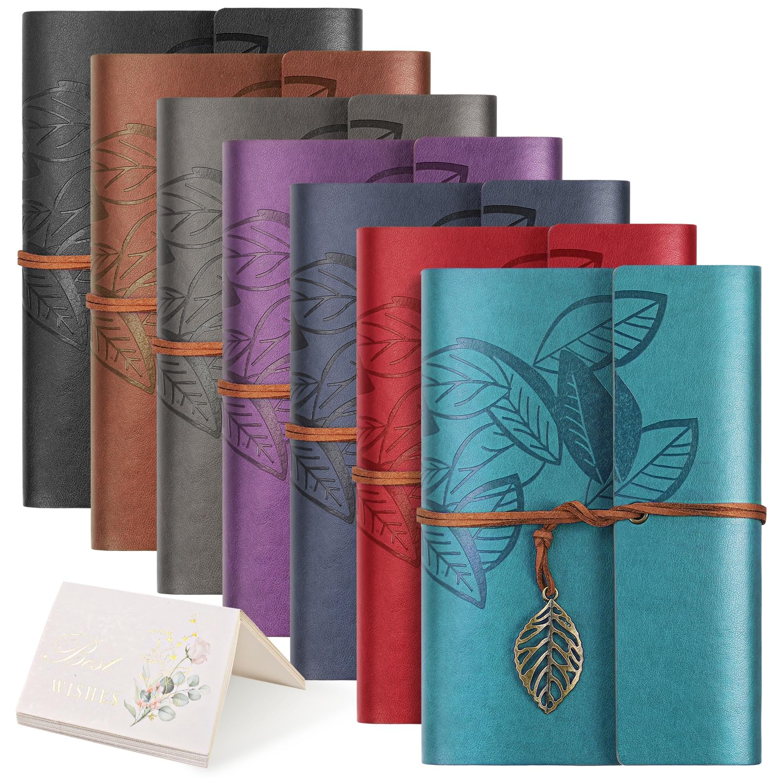 Journal Notebook, 7 Pack Leather Journals for Writing with 10 Greeting Cards, 160 Lined Page Travel Journal for Women Men, Refillable Vintage Journals Bulk, Aesthetic Embossed Diary Gifts, 5" x 7"