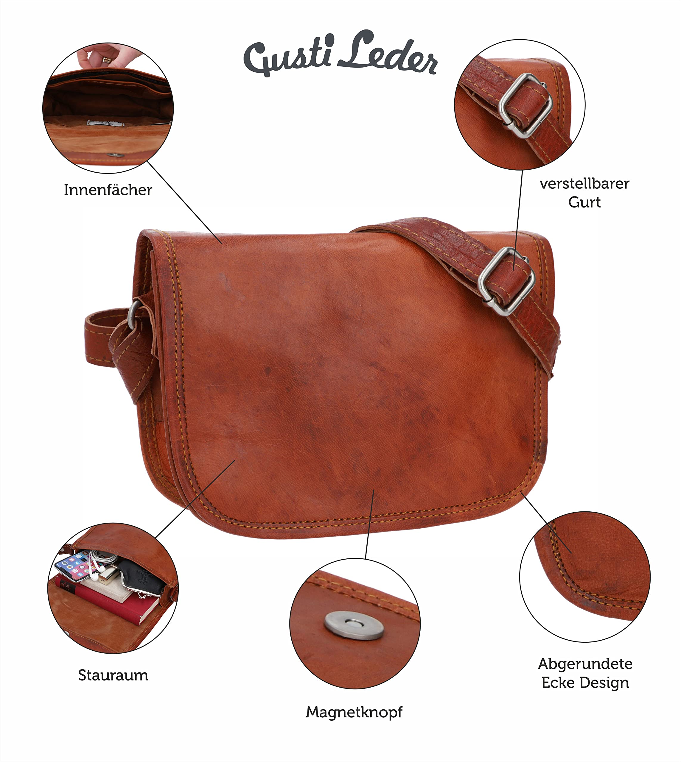 Gusti Leder Umhängetasche Damen Summer M - Mittelgroße Handtaschen Für Damen - Vintage Crossbody Bag mit verstellbarem Schultergurt - Leder Tasche für Alltag und Reise