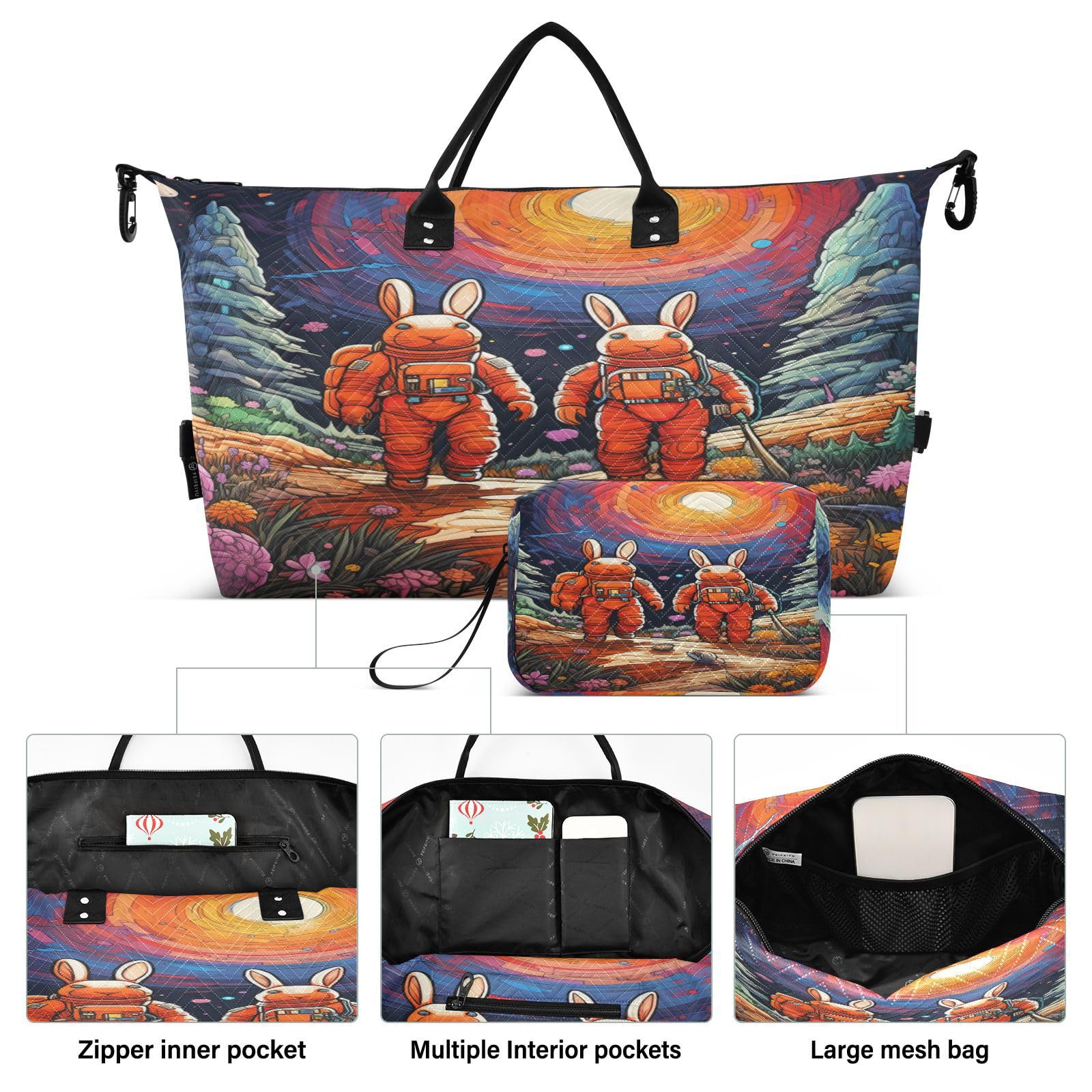 Astronaut Space Artwork Sports Swim Gym Bag Weekender Duffel Travel Bags Handbag with Makeup Storage Bag for Girls Men