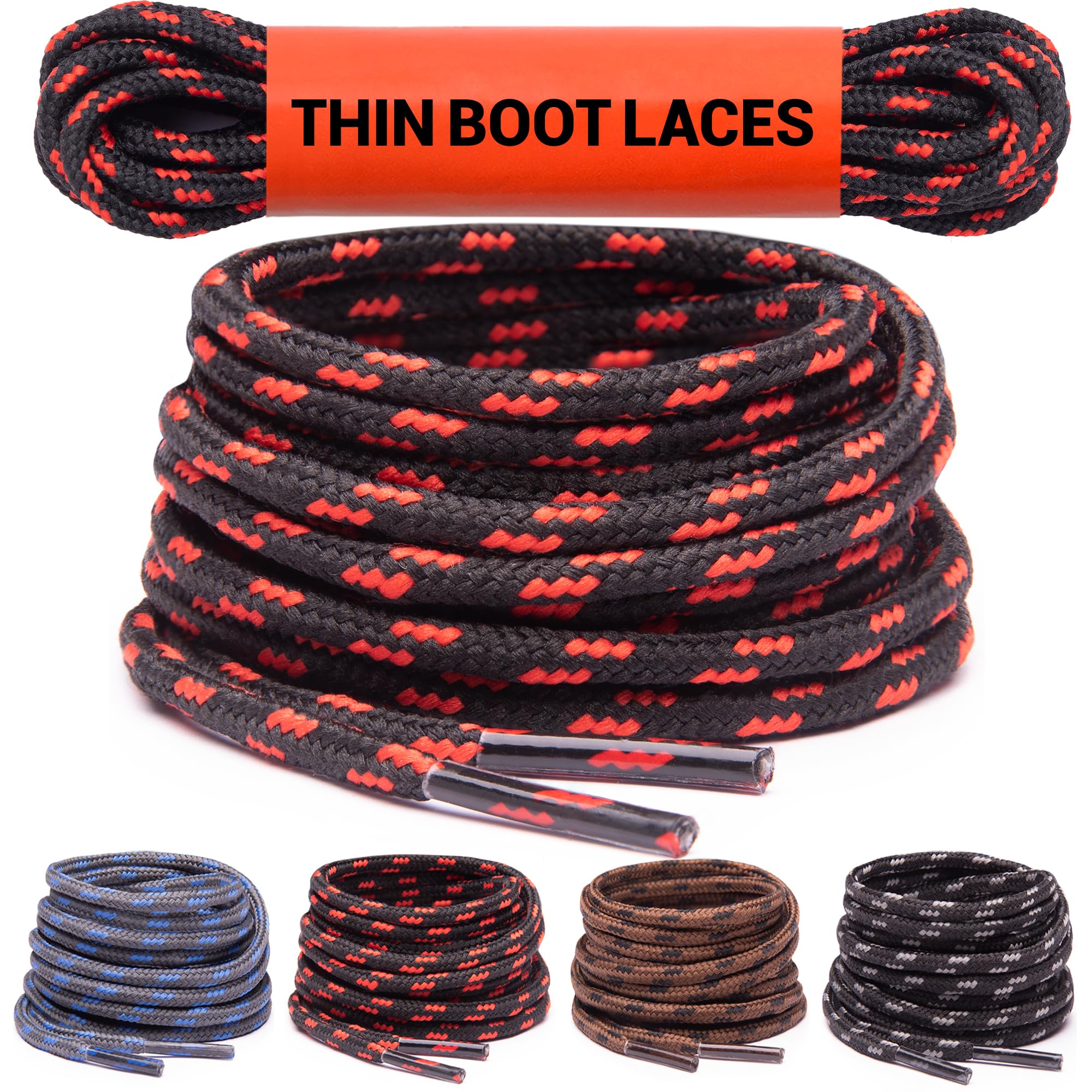 Miscly Thin Round Boot Laces for Work Boots & Hiking Shoes [1 Pair] Heavy Duty Shoelaces, 1/8″ Diameter
