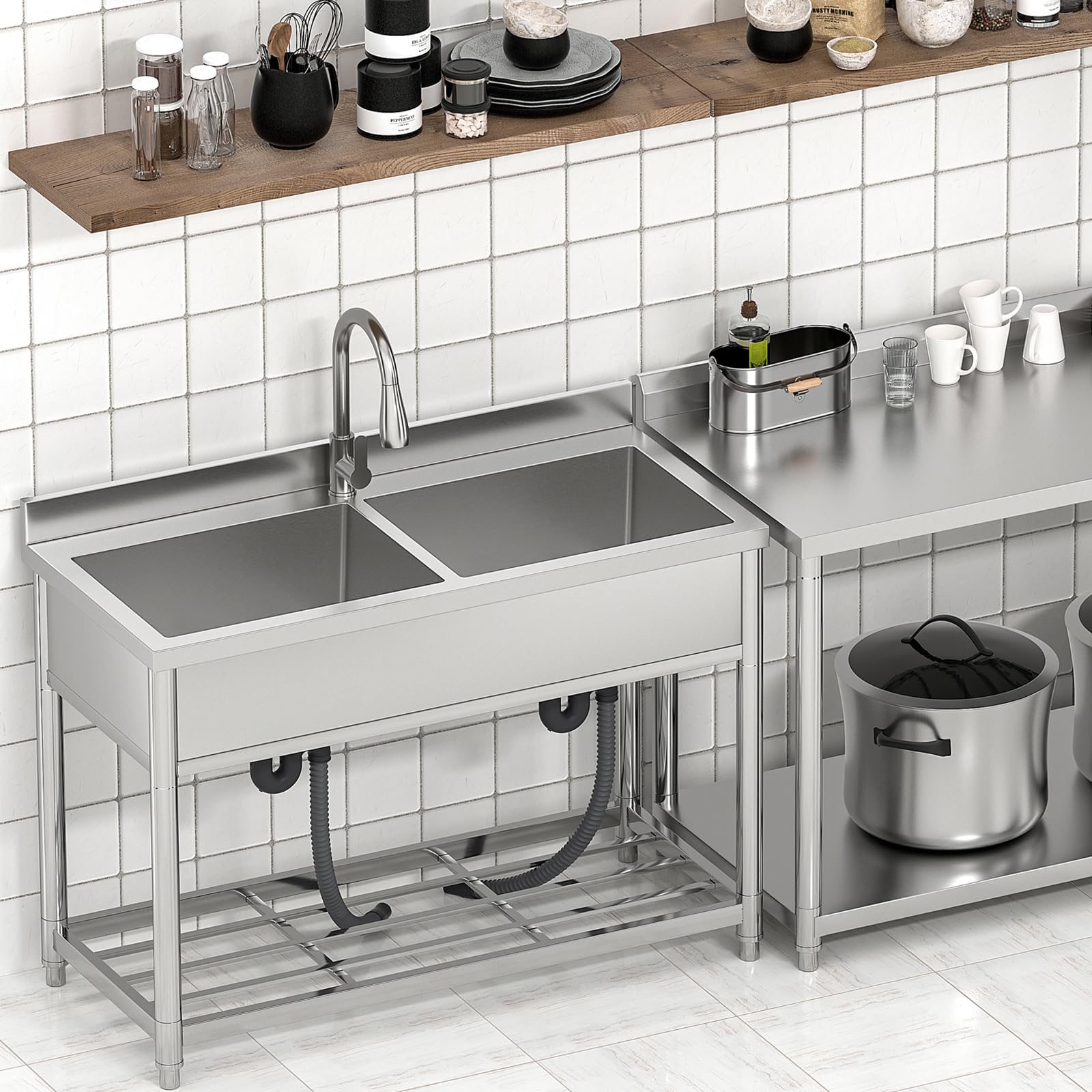Lavello Indipendente in Acciaio Inox 2 Vasche, Lavandino Industriale con Rubinetto, Lavandino da Esterno, Lavello Professionale per Cucina, Garage, Lavanderia, Ristorante, 55P x 120L x 94H cm