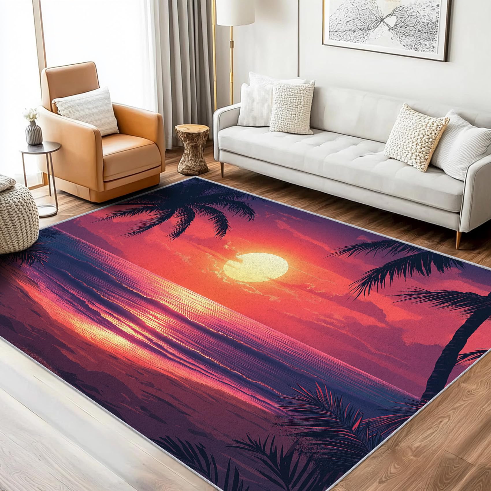 ZDABAOEC Sunset Decorations - Tropical Landscape Rugs for Living Room, Bedroom, Summer Carpet, Washable Non Slip Large Rug, Soft Low Pile Patterned Area Rug & Home Decor & Gifts, 120 x 170cm