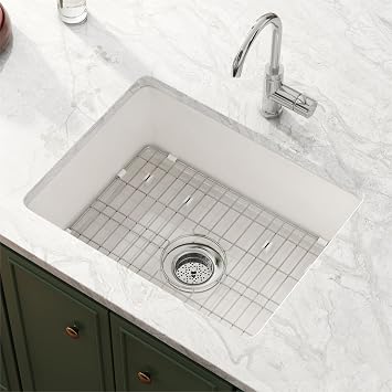 Drop In Kitchen Sink 24x18 White Rectangular Fireclay Single Bowl | Smooth Glazed Surface, Easy to Clean, Dual Mount Installation, Bottom Grid & Strainer Included, Optimized Drainage