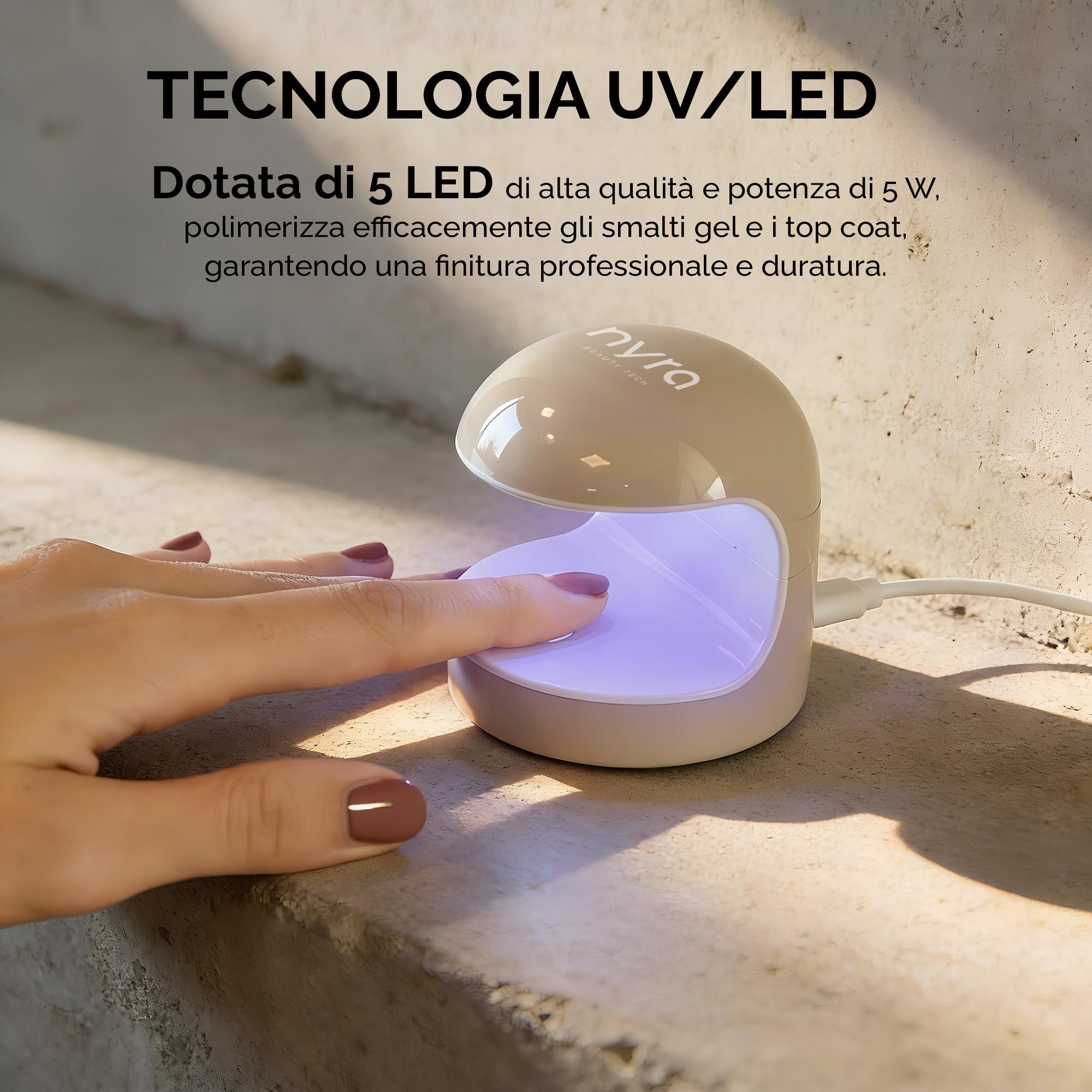 Nyra Mini Lampada per Unghie UV/LED, 5W, Asciugatore Ultracompatto con 5 LED, Timer 60s, Sensore Automatico, Alimentazione USB, per Smalto Gel