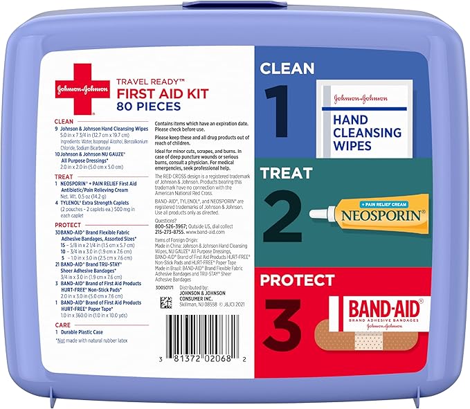 The Band-Aid Travel Ready Portable Emergency First Aid Kit is a compact and convenient kit for treating minor wounds while on-the-go. It includes a variety of adhesive bandages, gauze pads, and other essential first aid supplies, making it ideal for travel, car, or outdoor activities. With 80 pieces in total, this kit is designed to provide essential wound care in any situation.