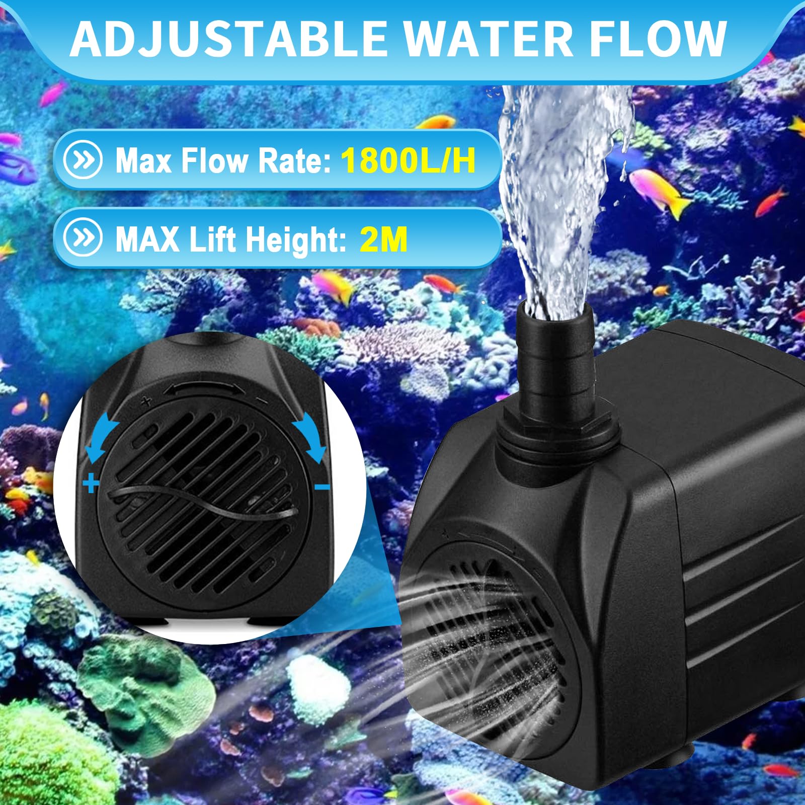 Bomba de Agua 25W 1800L/H 220V Mini Bomba de Acuario, Bomba Ajustable con 3 Boquilla y Cable de Alimentación, Bomba Sumergible Jardín Fuente de Estanque