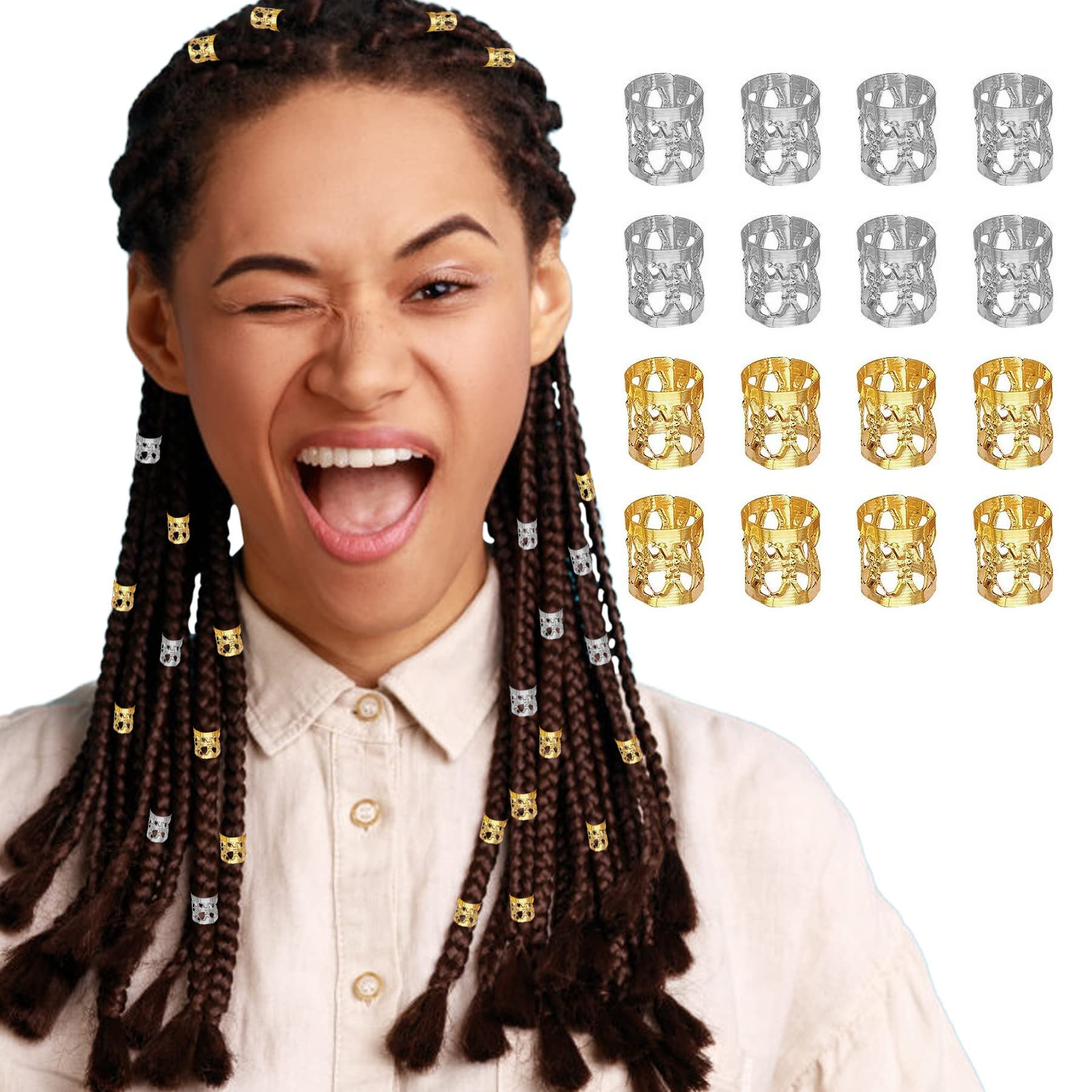 SYOSI60 Pcs Dreadlocks Beads, Adjustable Aluminum Metal Cuffs Per Pack Braids And Bead Braids Braids Braided Hair Accessories (Gold, Silver)