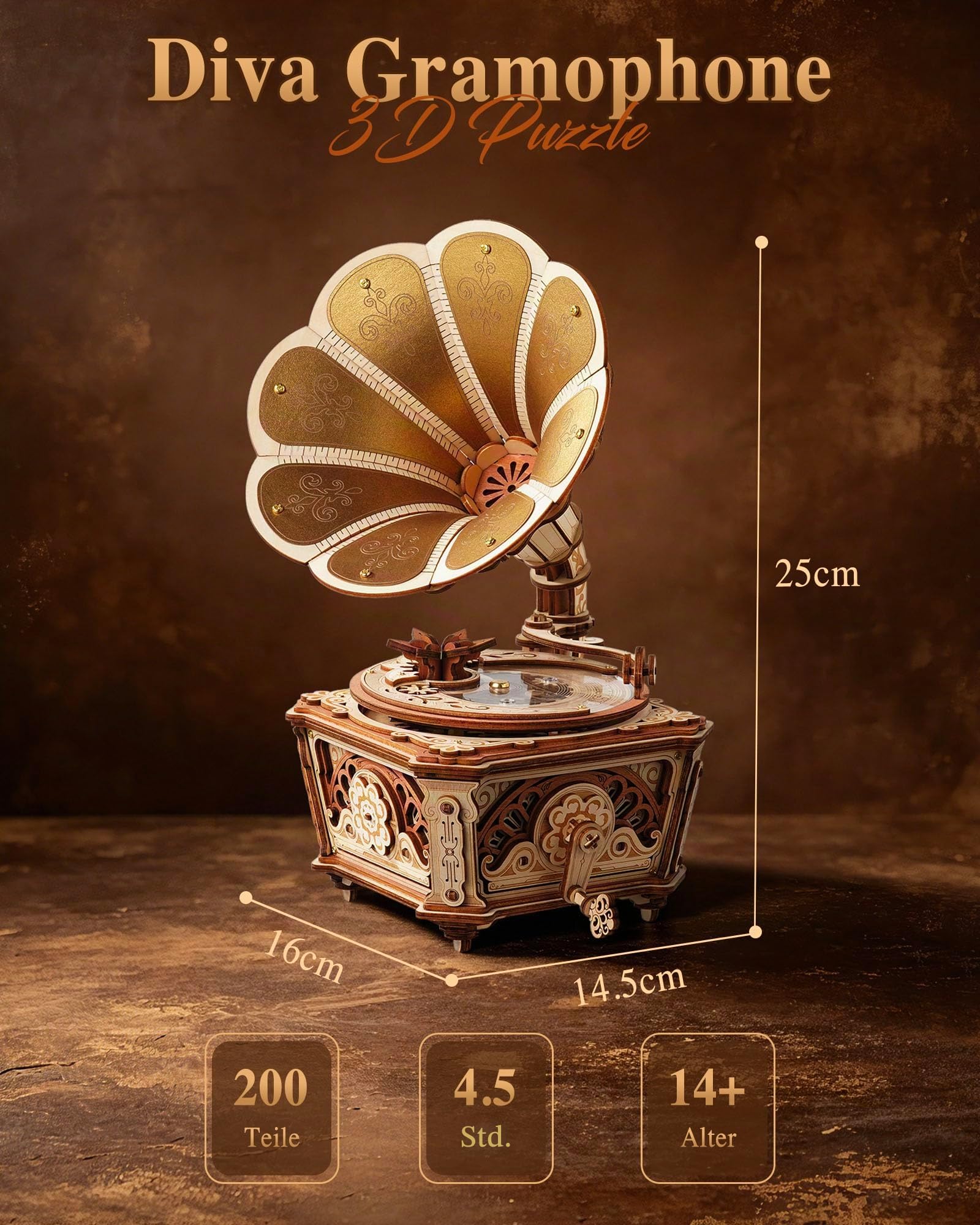 ROKR Diva Grammophon 3D Holzpuzzle Mechanische Spieluhr AMK82 | Vintage DIY Bausatz ohne Kleber, dekoratives Grammophon-Modell, kreative Geschenkidee für Erwachsene und Musikliebhaber