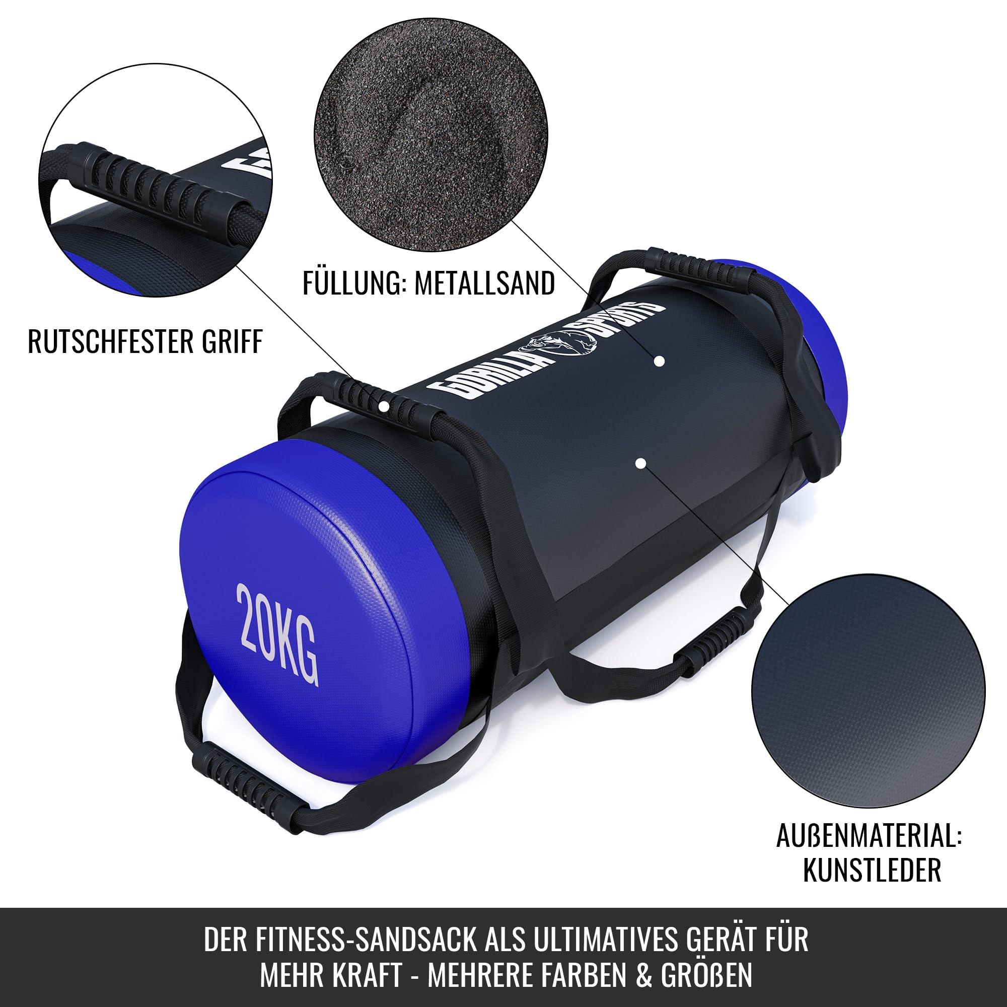 GORILLA SPORTS® Fitness Power Bag - 5/10/15/20/25/30 kg, rutschfeste Griffe, Gefüllt, Kunstleder - Gewichtssack, Sandbag, Corebag, Sandsäcke, Gewichte für Training, Workout, Crossfit, Gym