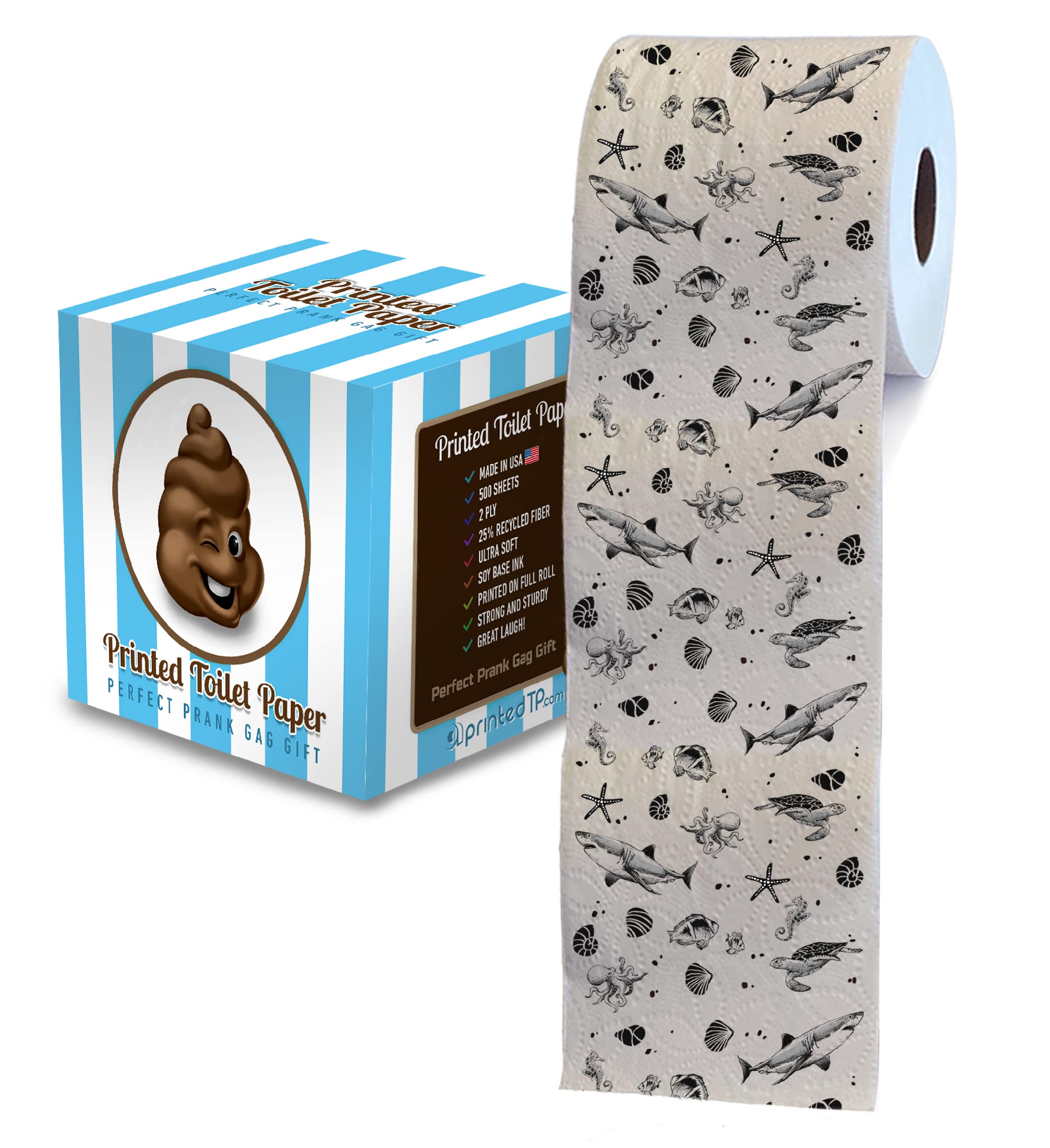 Printed TP Ocean Life 2 Ply Toilet Paper Bathroom Tissue - Novelty Beach Pattern Bath Tissue Roll - Funny Toilet Paper for Home Decor, Potty Gag Gifts, Prank and Hilarious White Elephant - 500 Sheets