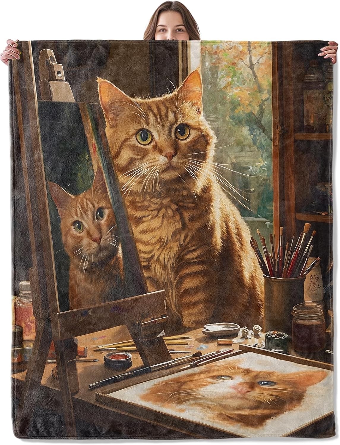 Artist Cat Blanket, Lightweight Comfy Charming Orange Kitten Blankets for Couch Sofa Bedroom, Soft Plush Travel Flannel Throw Blanket Gifts for Women Adults Kids, Home Decor 60×50in