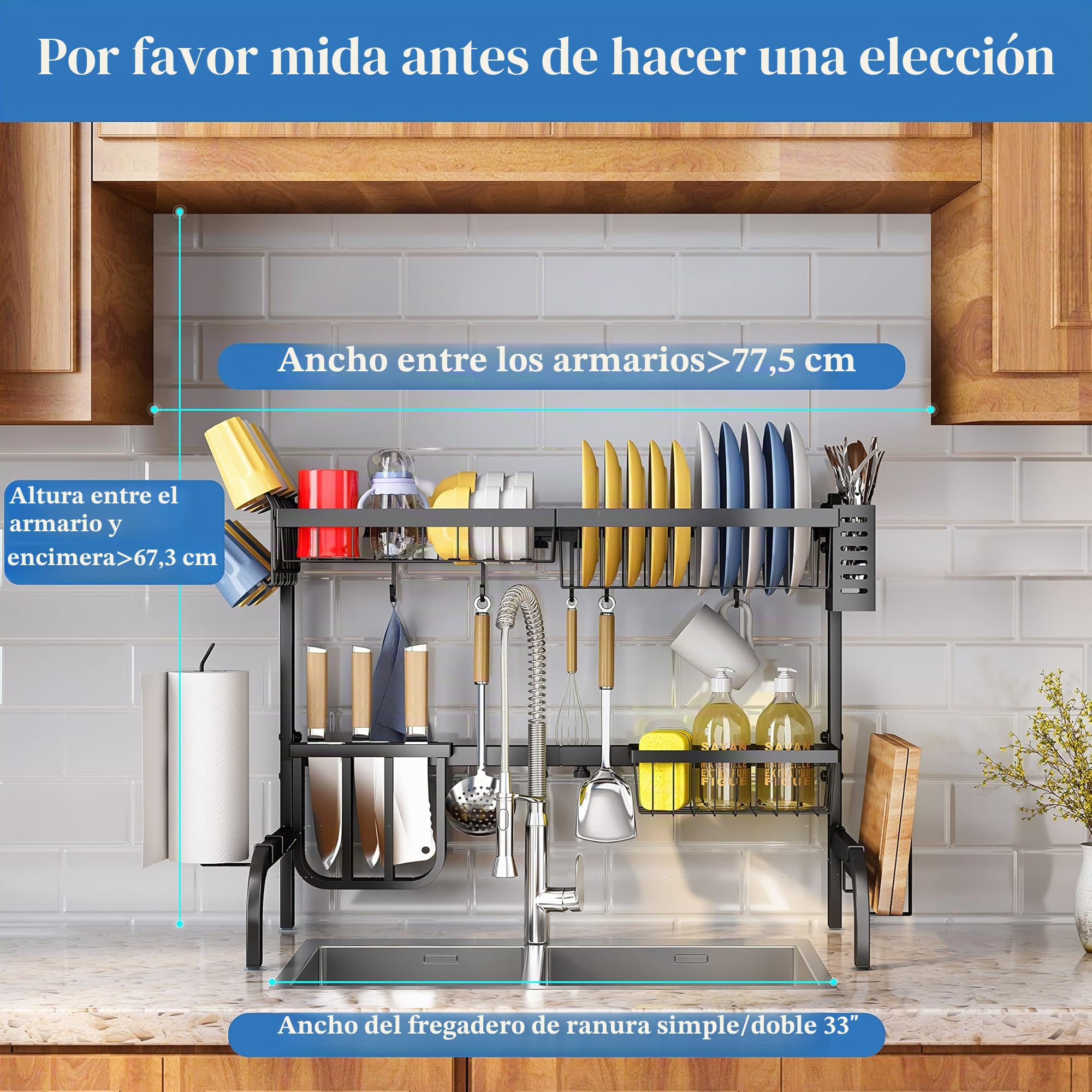 SAYZH Escurridor de Platos, Escurreplatos Encima del Fregadero, Escurridor de Platos Ajustable (de 64,8 CM a 85,1 CM), con Soporte para Utensilios, para Mostrador de Cocina, Inoxidable, Negro