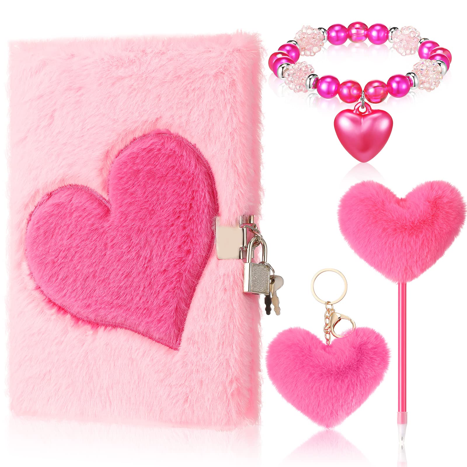Inbagi 4 Pcs Heart Diary Gift Sets Include Plush Pink Girls Journal with Lock and Key, Fluffy Heart Theme Keychains, Pom Pom Pen, Beaded Bracelets for Students Back to School Friends