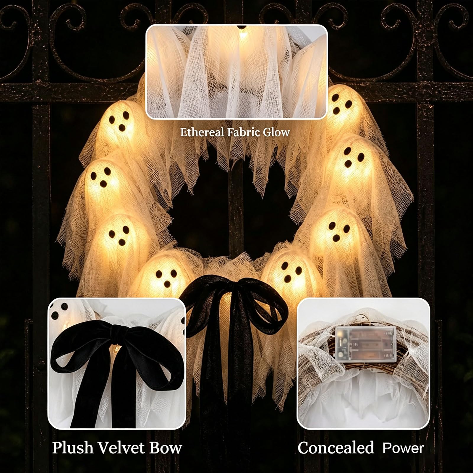 Ghirlanda Fantasma Luminosa di Halloween da 30/35 cm, Decorazione Bianca | Con Telecomando, A Batteria & Facile da Appendere, Forte Atmosfera Halloween, per Porta d’Ingresso, Parete, Festa(30cm)