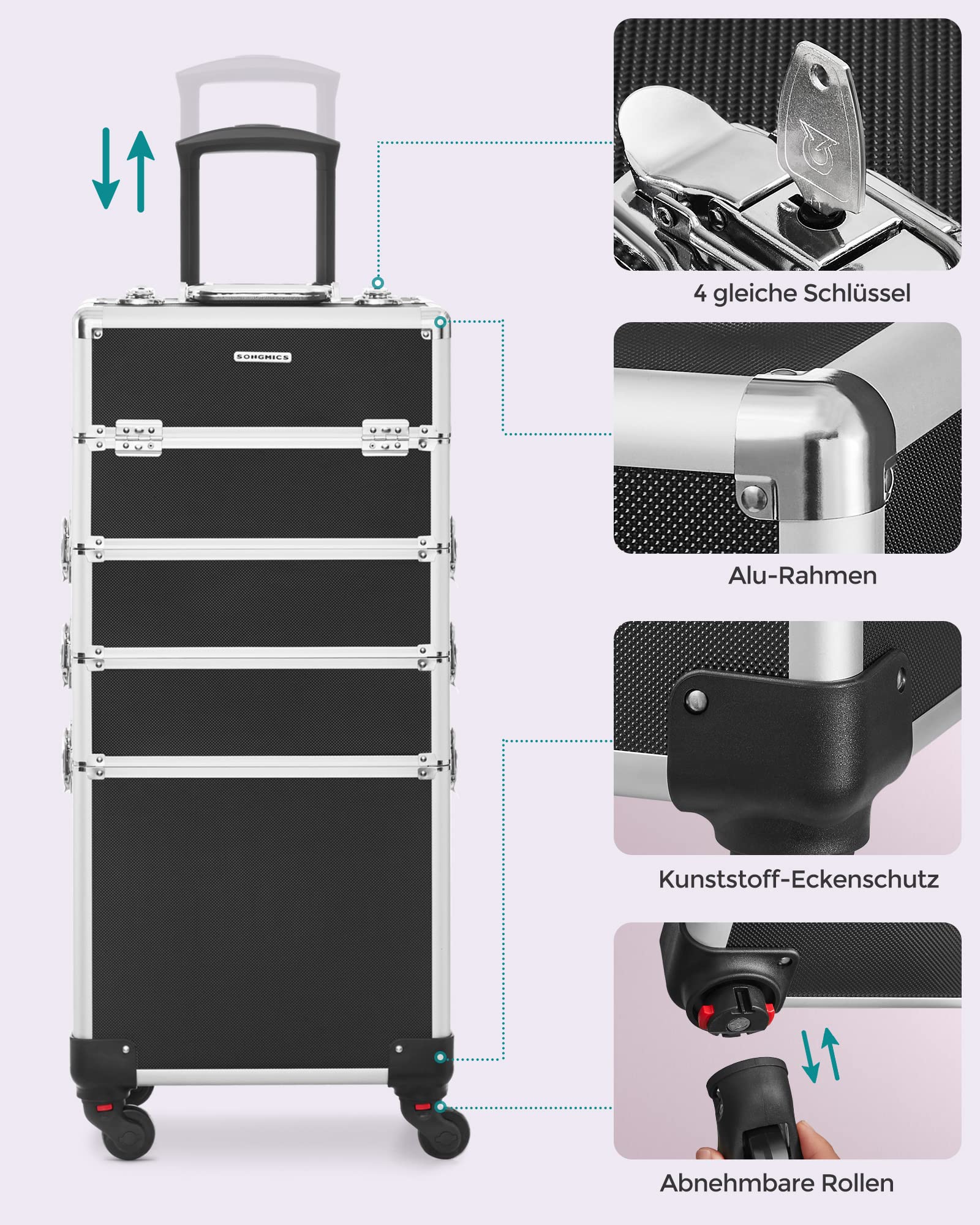SONGMICS Kosmetikkoffer Trolley 4-in-1 Schminkkoffer 35 x 25 x 79 cm abschließbar 360° drehbare Rollen schwarz