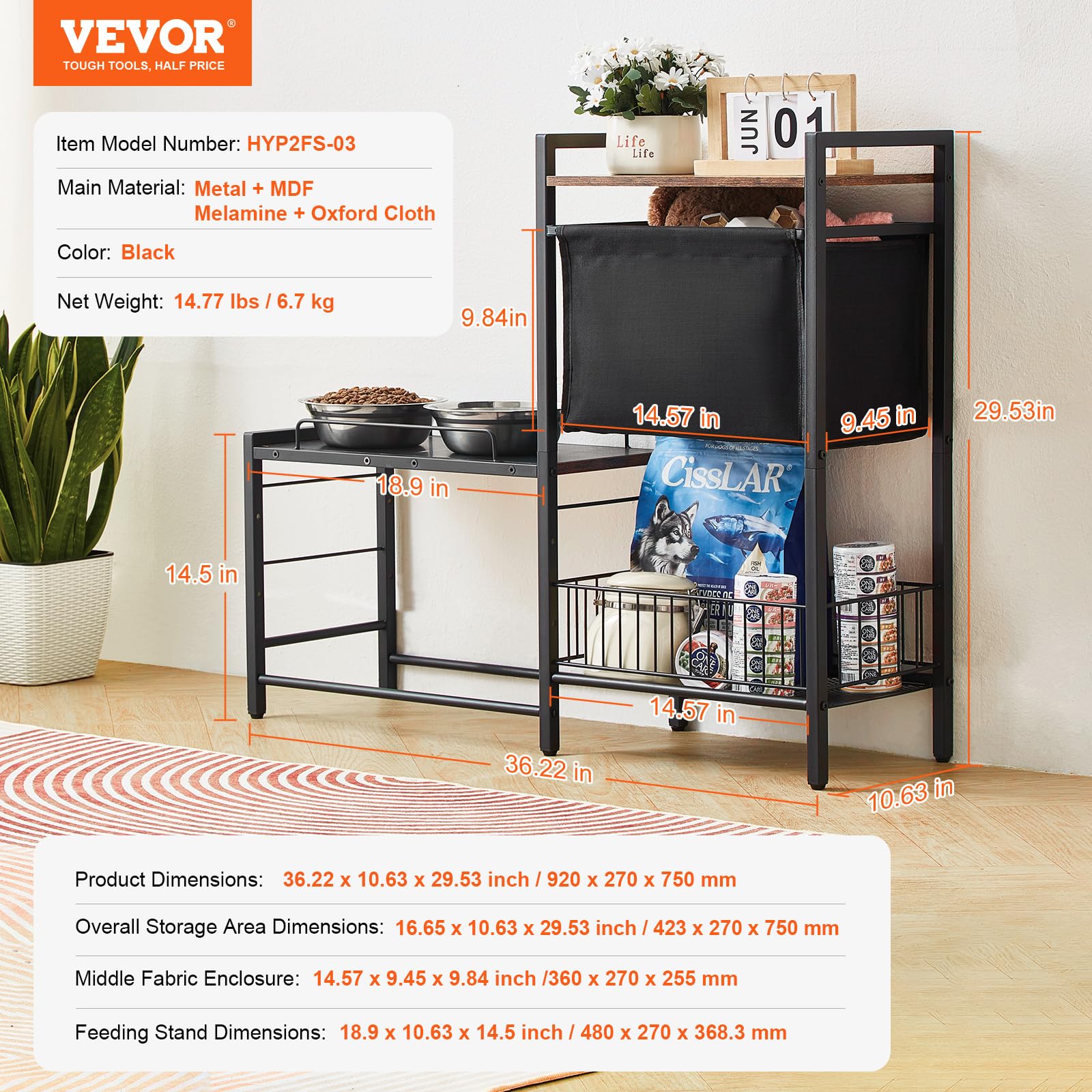 VEVOR Estación de Alimentación 92x27x75 cm Comedero Elevado para Perros Soporte Elevado para Cuencos con Estantes Soporte de Cuenco de Alimentación Barra para Perros Grandes, Medianos, Pequeños