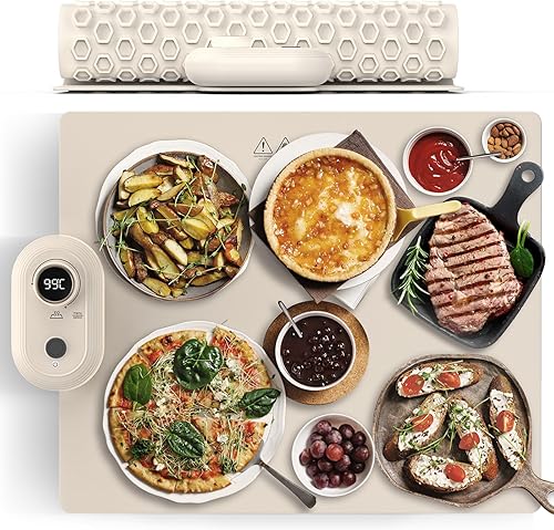 SHASUKI Calentador de alimentos portátil de silicona con temporizador de 6 horas, 13 niveles de temperatura, bandeja de calentamiento eléctrica
