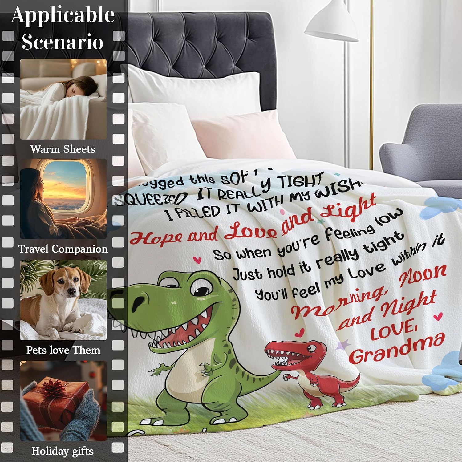 Hyturtle Personalized Grandson Fleece Blanket Gifts from Grandma Grandpa, Unique Birthday Graduation Gift Ideas for Grandson Dinosaur Custom Name Throw Blanket Home Decoration Keepsake