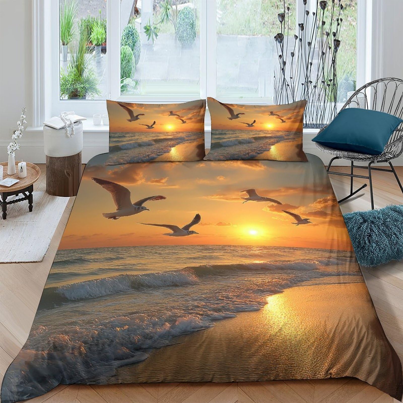 Ctjqhvkz Style-4 3D Printed Ocean Sunset Fitted Sheet Microfiber Soft Breathable Seagull Bed Cover For Bedroom Decor Mattress Protector Single（135X200cm）