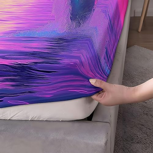 Miniatura 5 de Juego de sábanas de 4 piezas para cama de agua de mar morada, diseño de delfín, estilo Synthwave, para niños, decoración de habitación, sábana